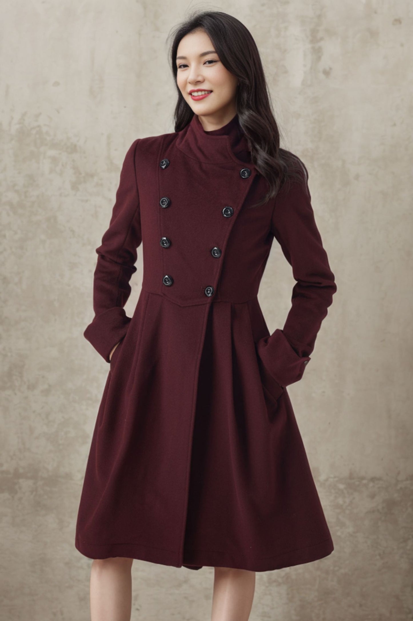 Burgundy Double Breasted Wool Coat Women C4409