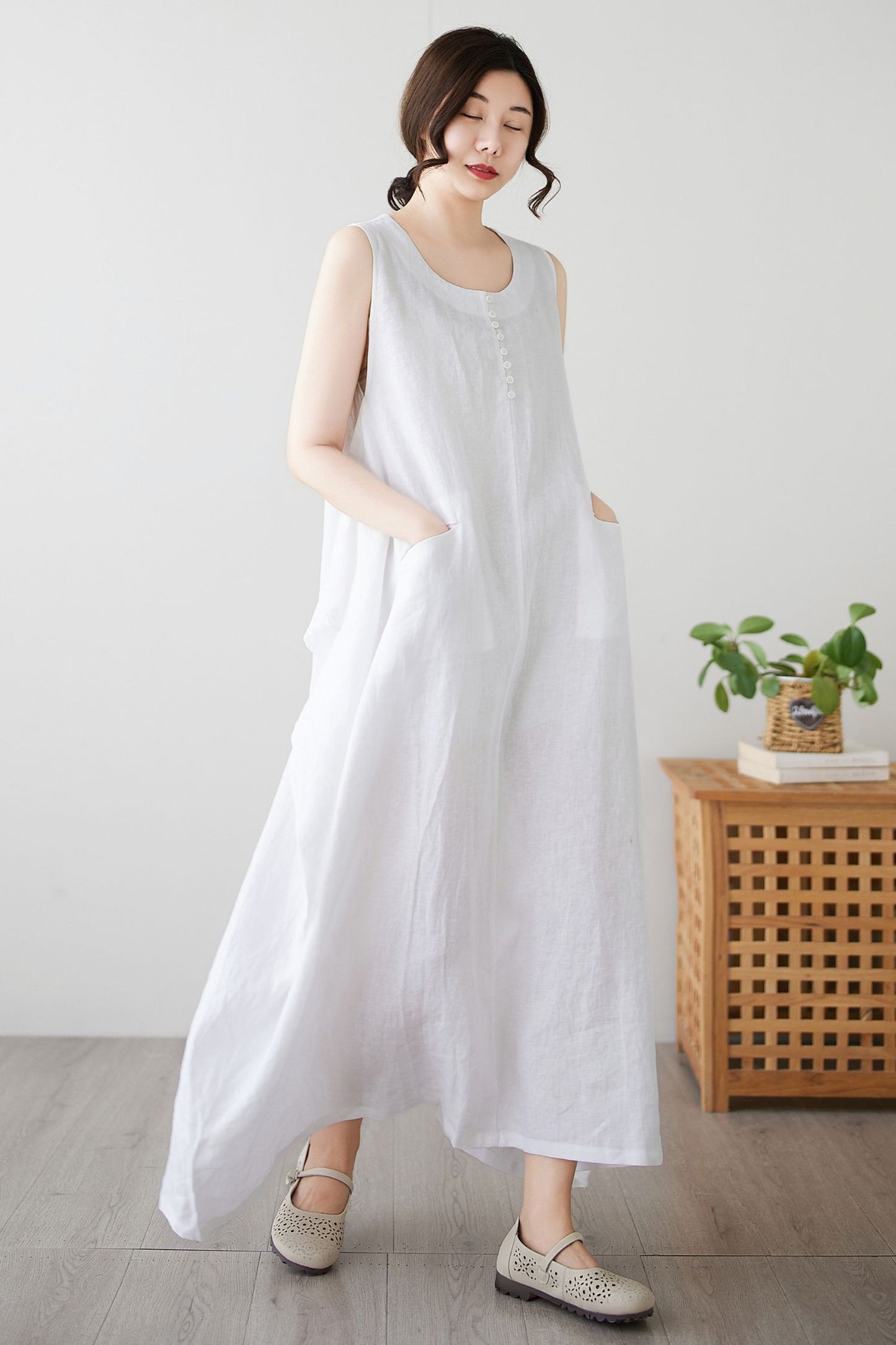 Women's Summer White Long Linen dress c4897