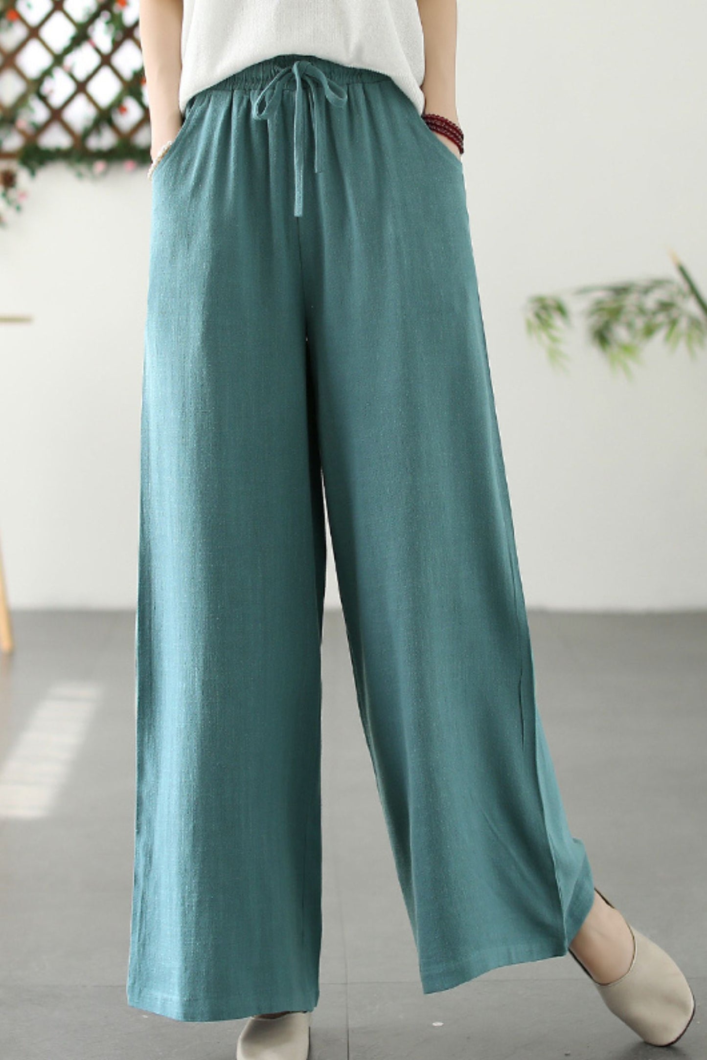 loose cotton linen solid wide leg pants L0619