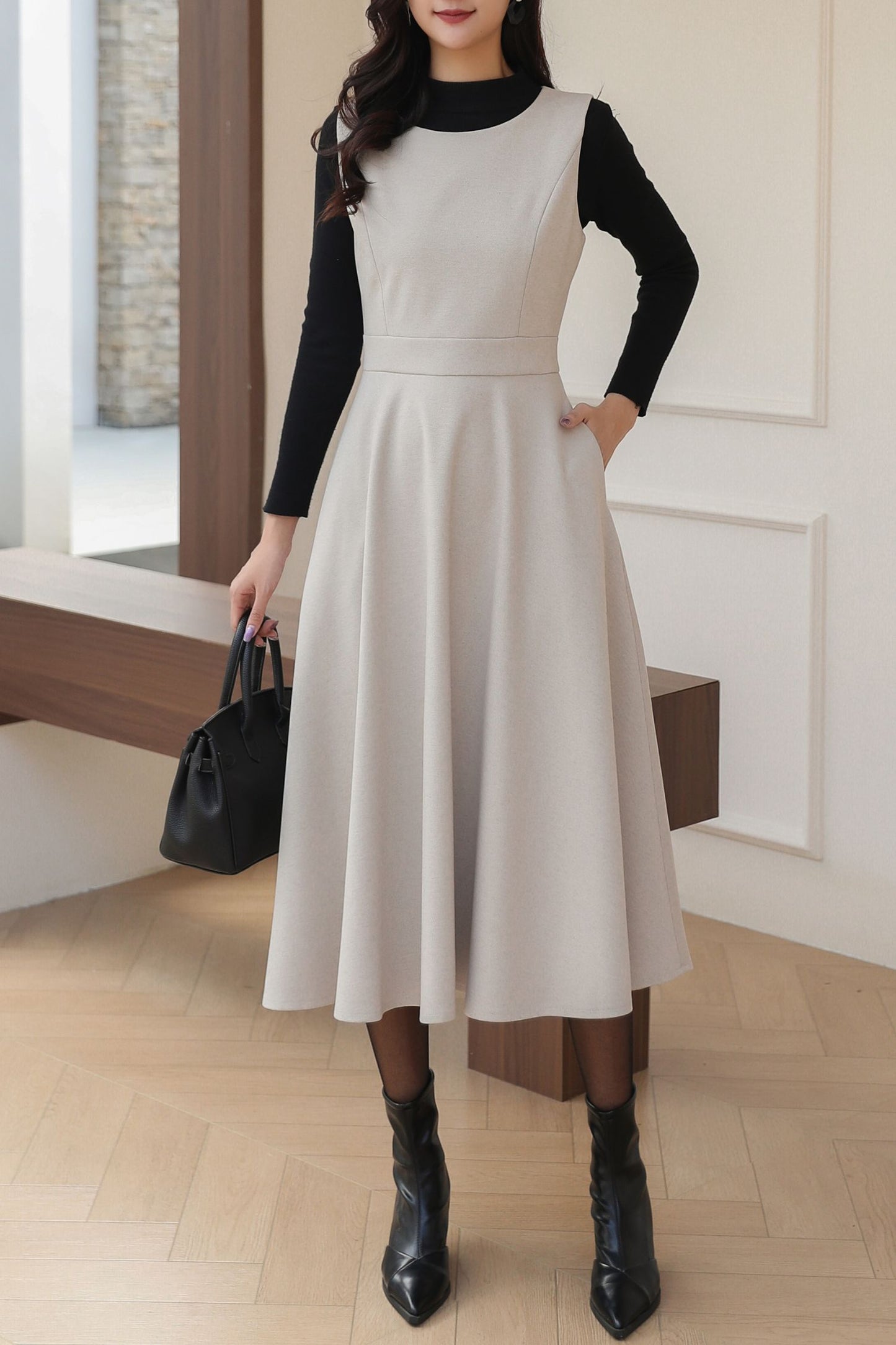 Sleeveless A-Line Midi Wool Dress C5193