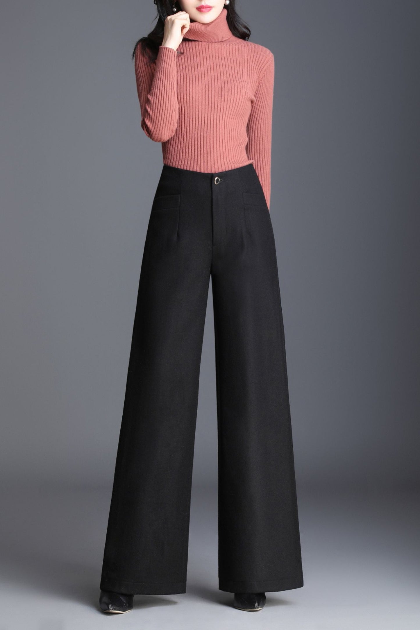 Maxi wide leg wool pants women c5079
