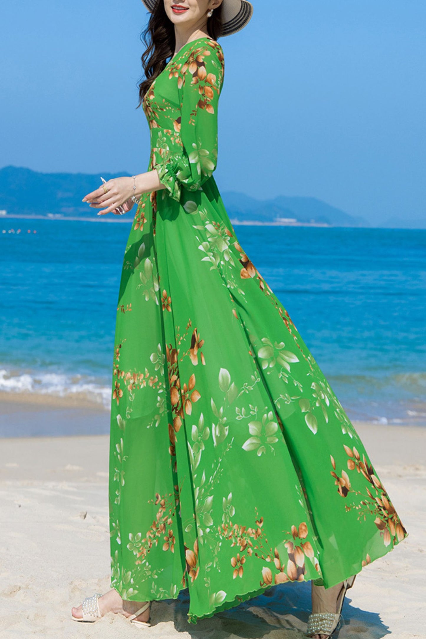 Summer Green Chiffon Long Sleeve Floral Dress C4107