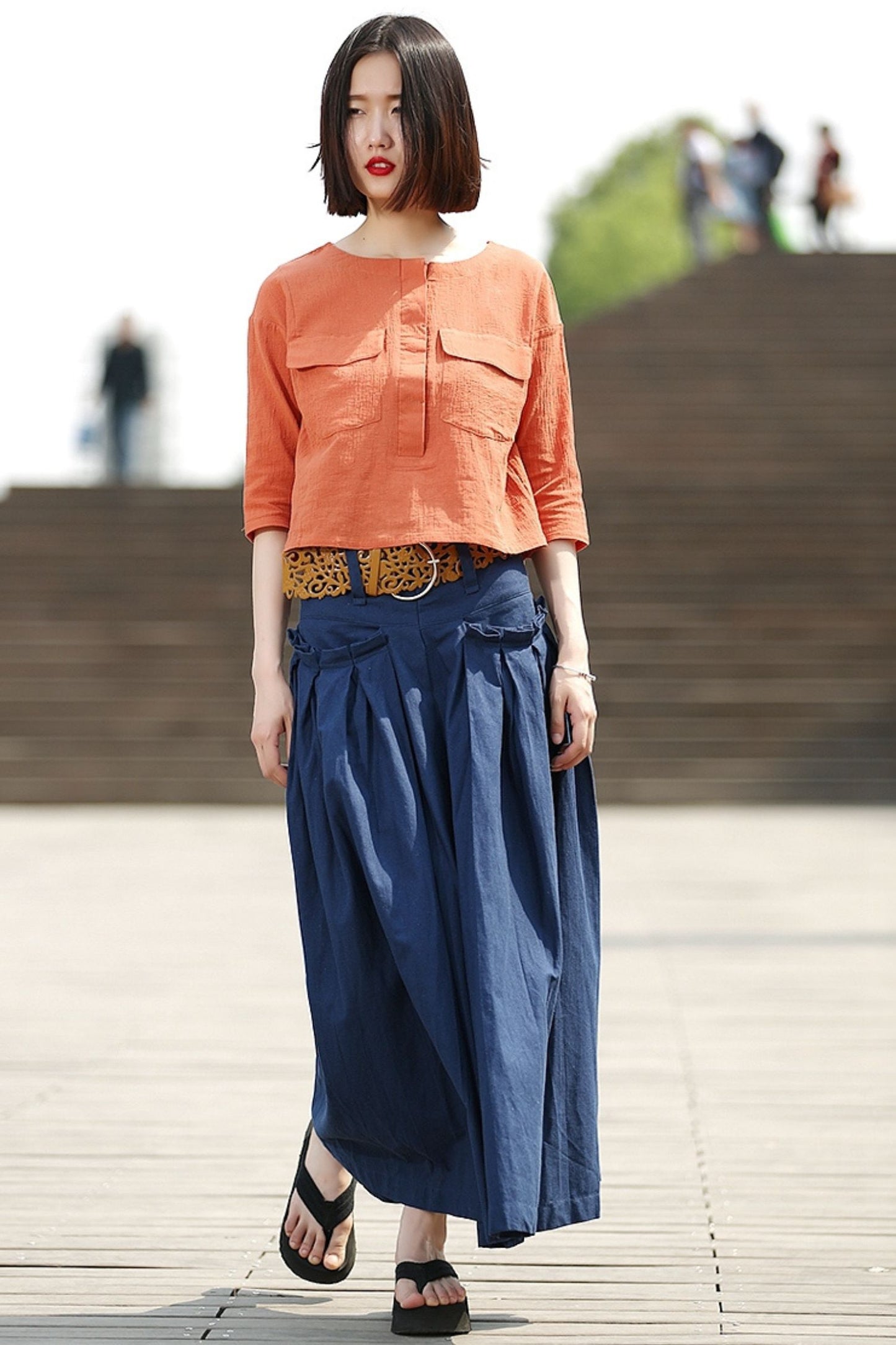 Blue Linen Maxi Summer Skirt with Deep Waistband & Pockets C364
