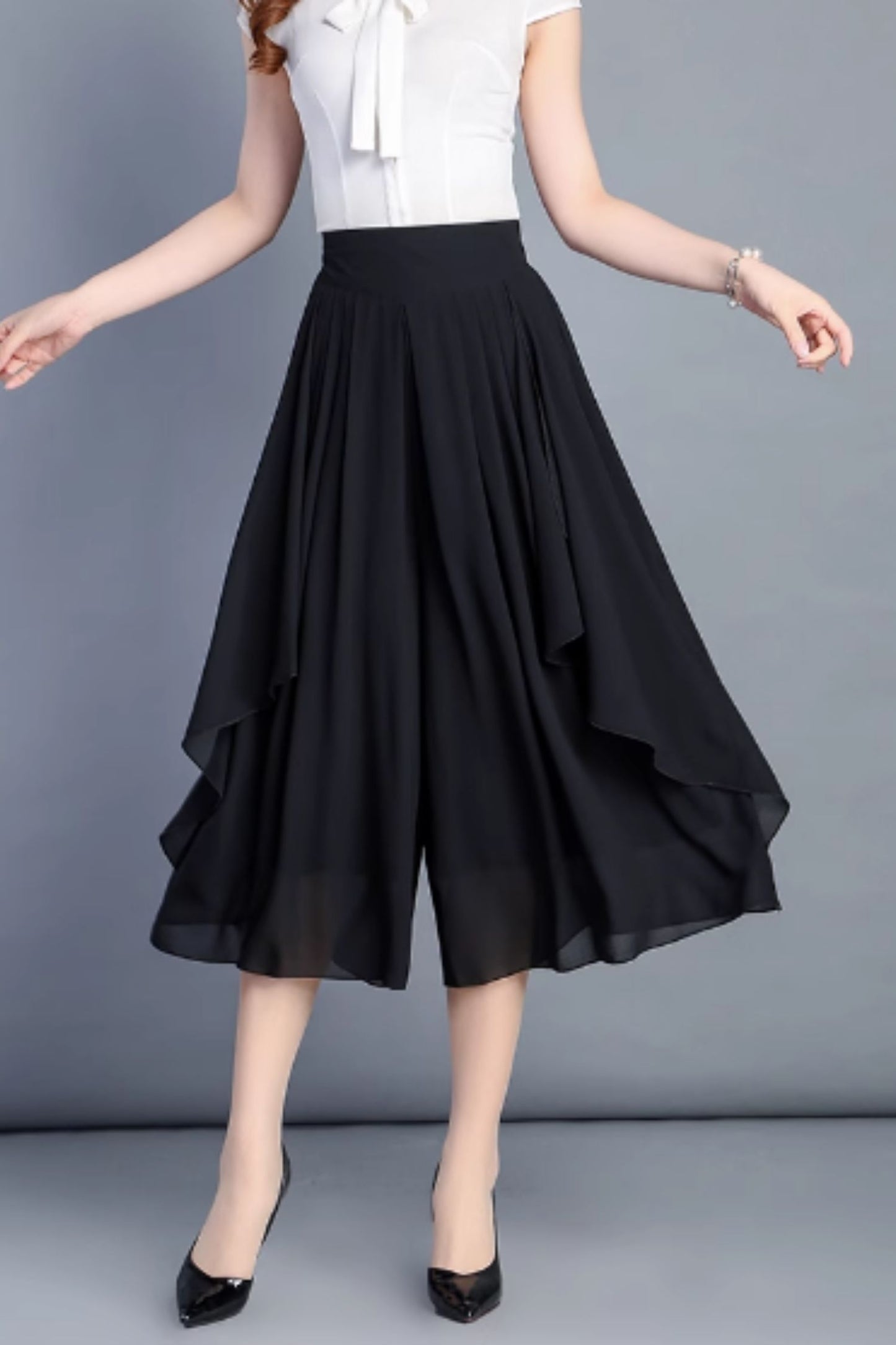 Wide leg midi chiffon pants women C4911