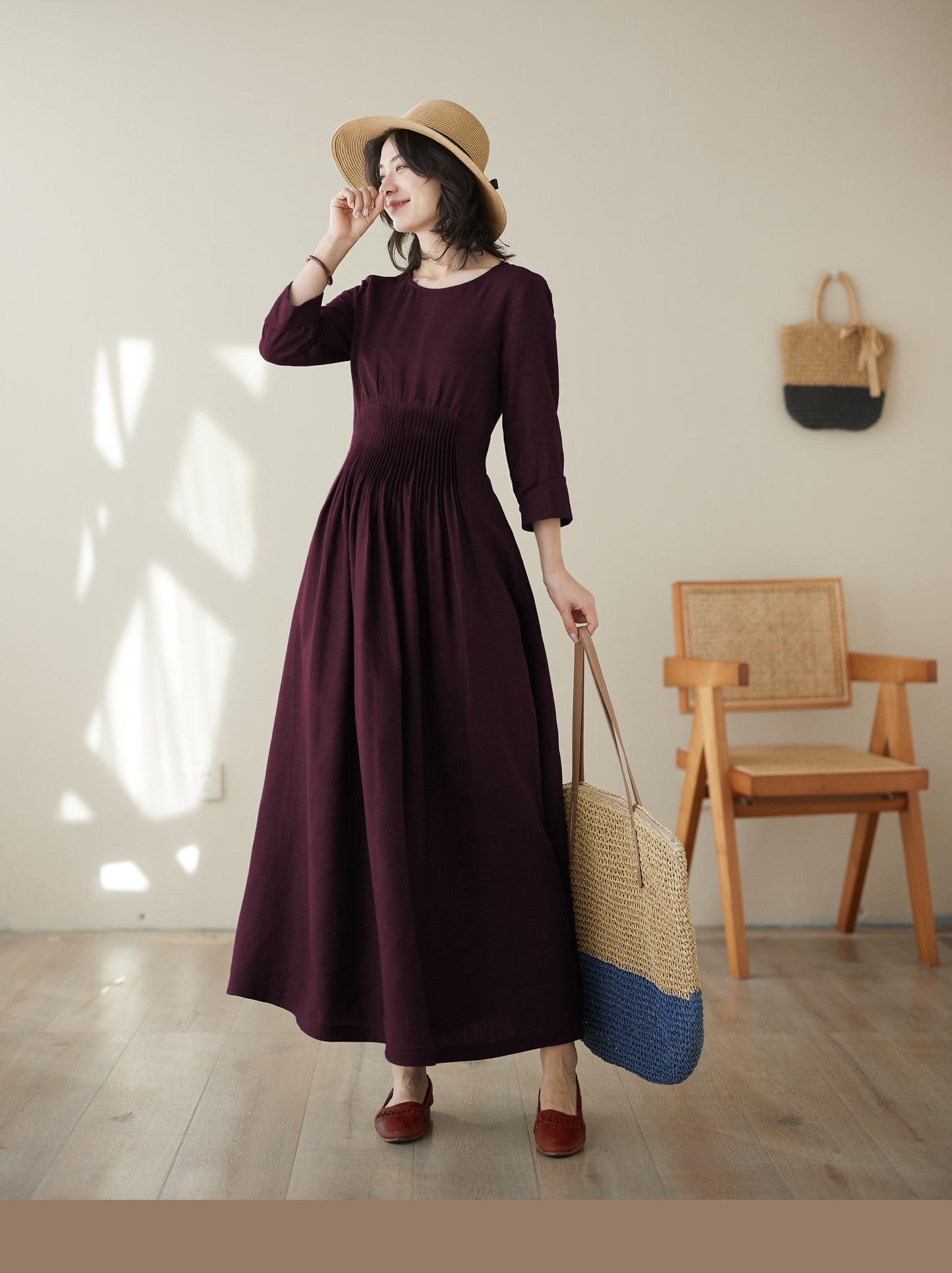 Burgundy maxi summer linen dress women c4829