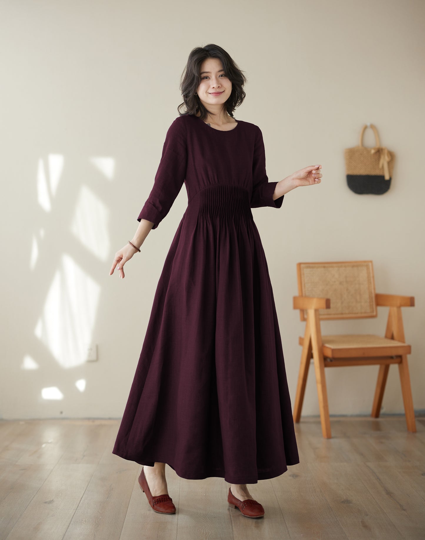 Burgundy maxi summer linen dress women c4829
