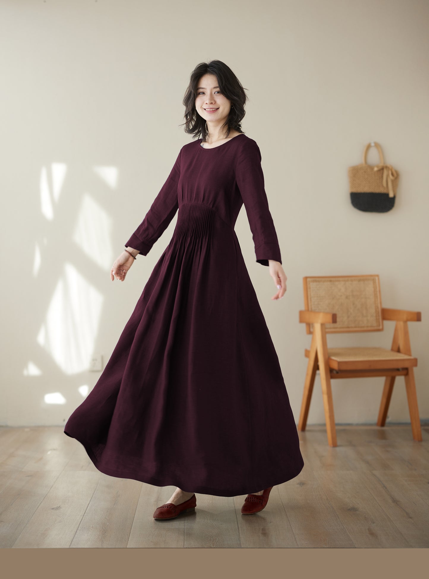 Burgundy maxi summer linen dress women c4829