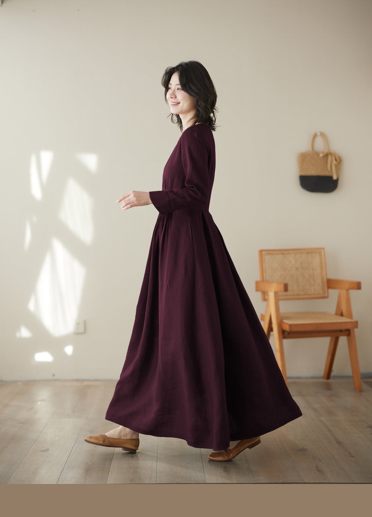 Burgundy maxi summer linen dress women c4829