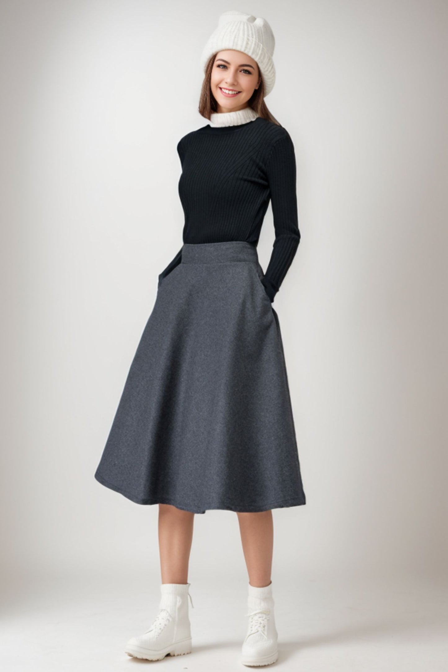 Wool midi flare swing A line elastic waist skirt C4262