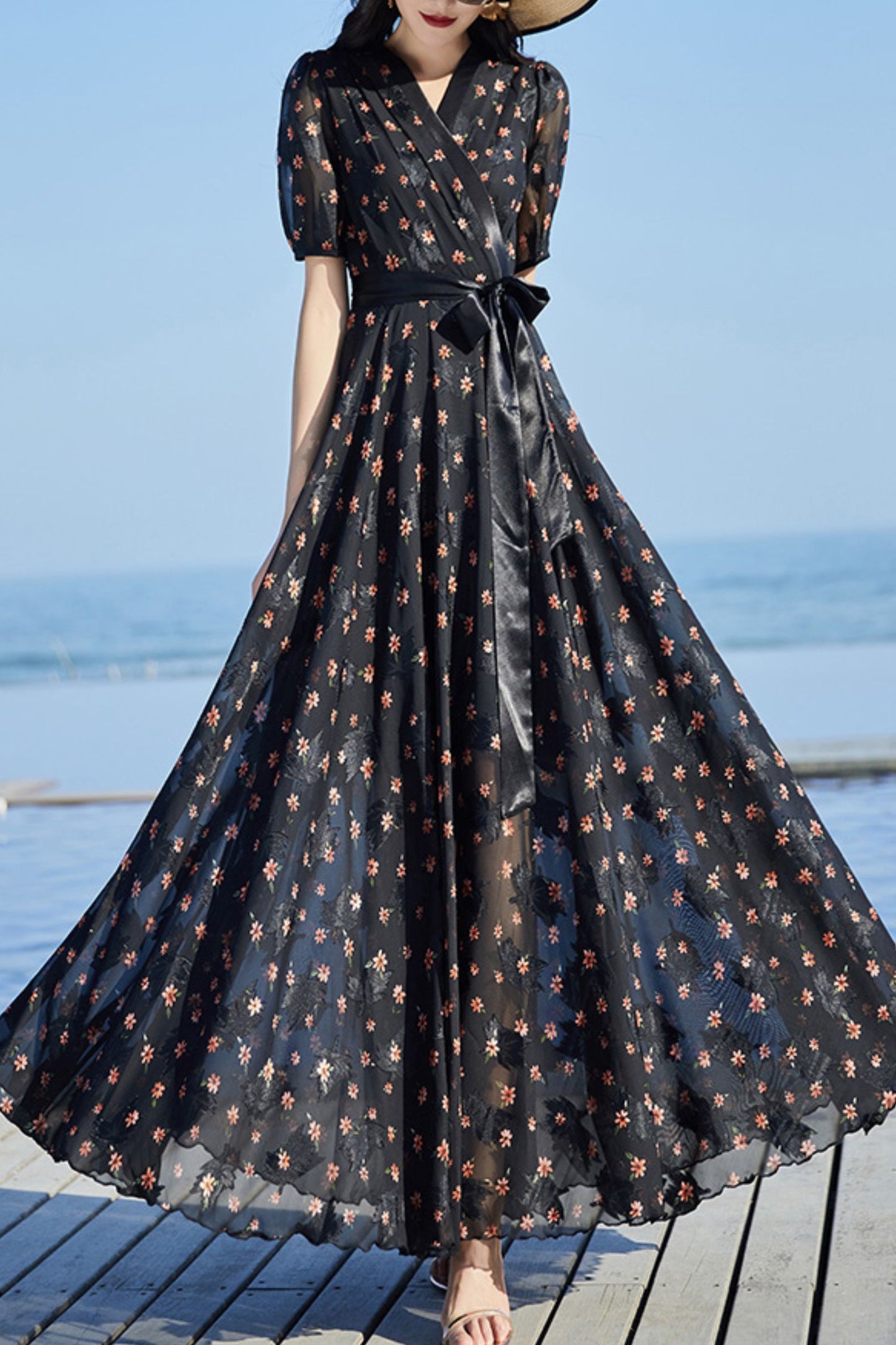 Black floral chiffon dress C4086