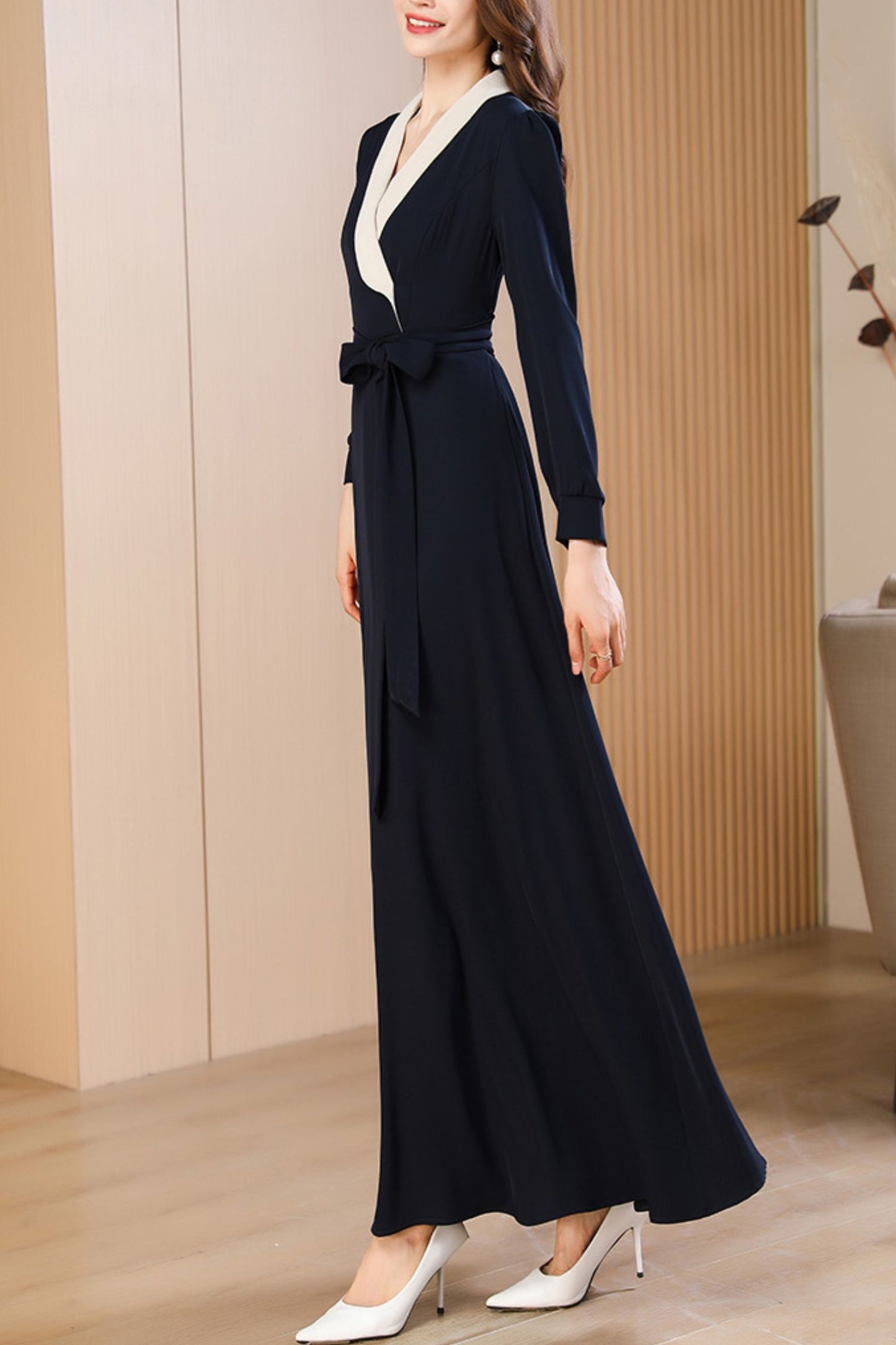 Navy blue spring and autumn V-neck long dress C4172