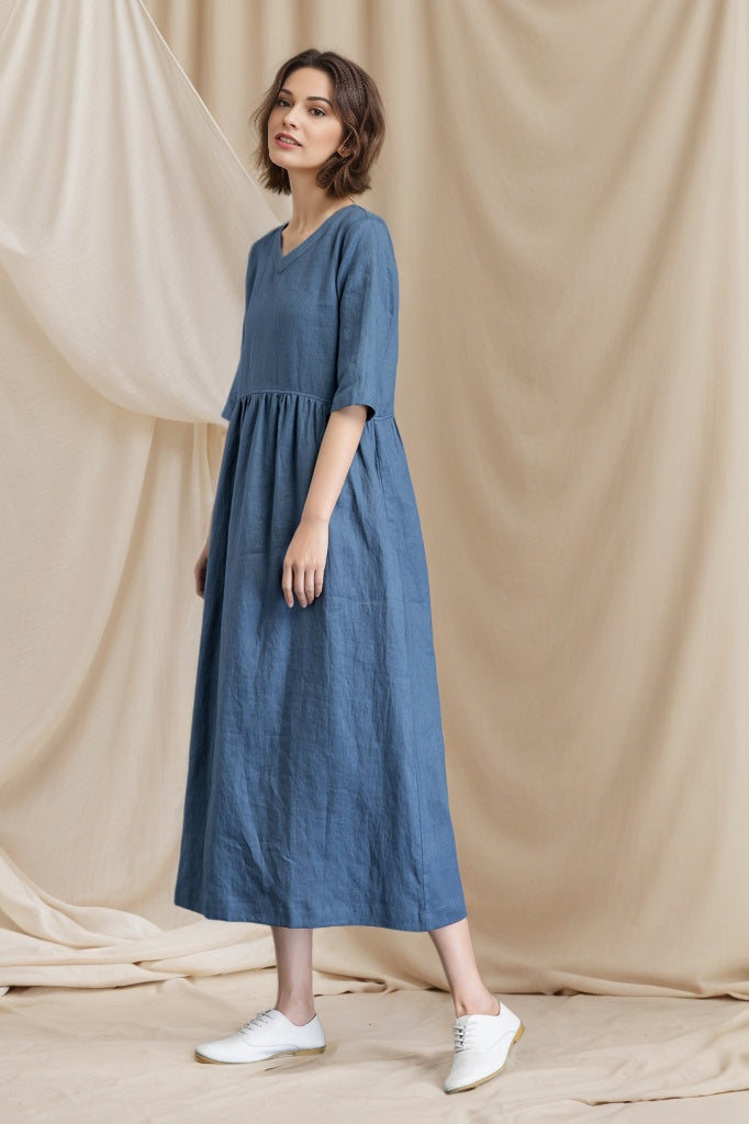 Blue linen dress womens long linen dress with pockets C4800