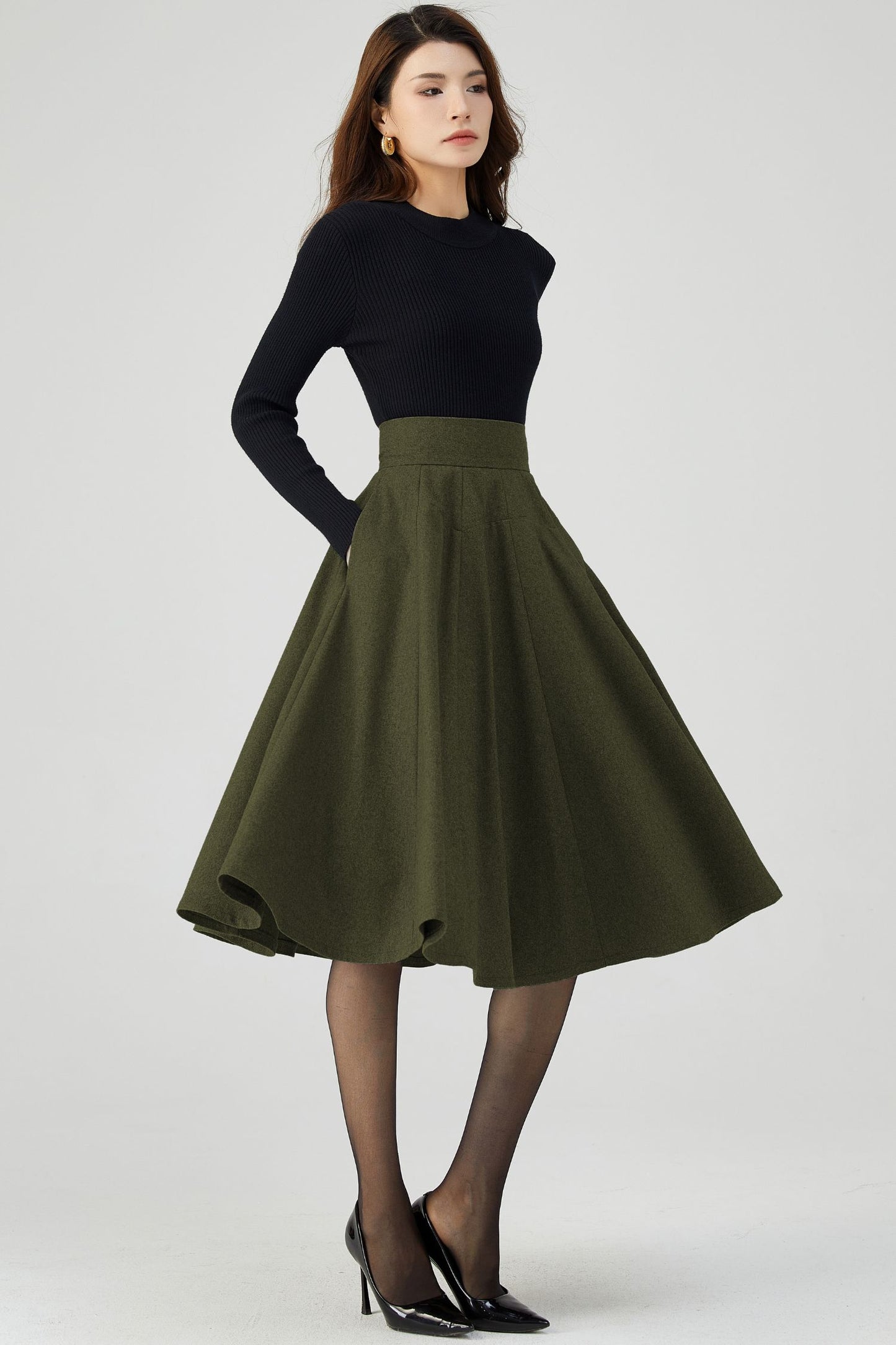 Women Knee Length Army Green Wool Skirt C4526