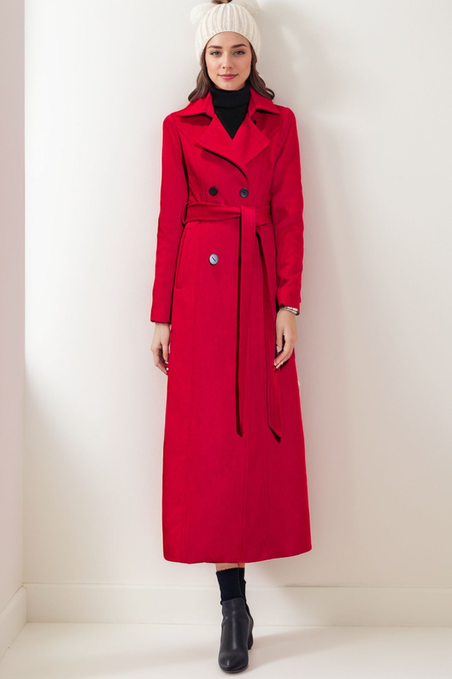 Red Wool trench Double breasted wool midi coat C4073