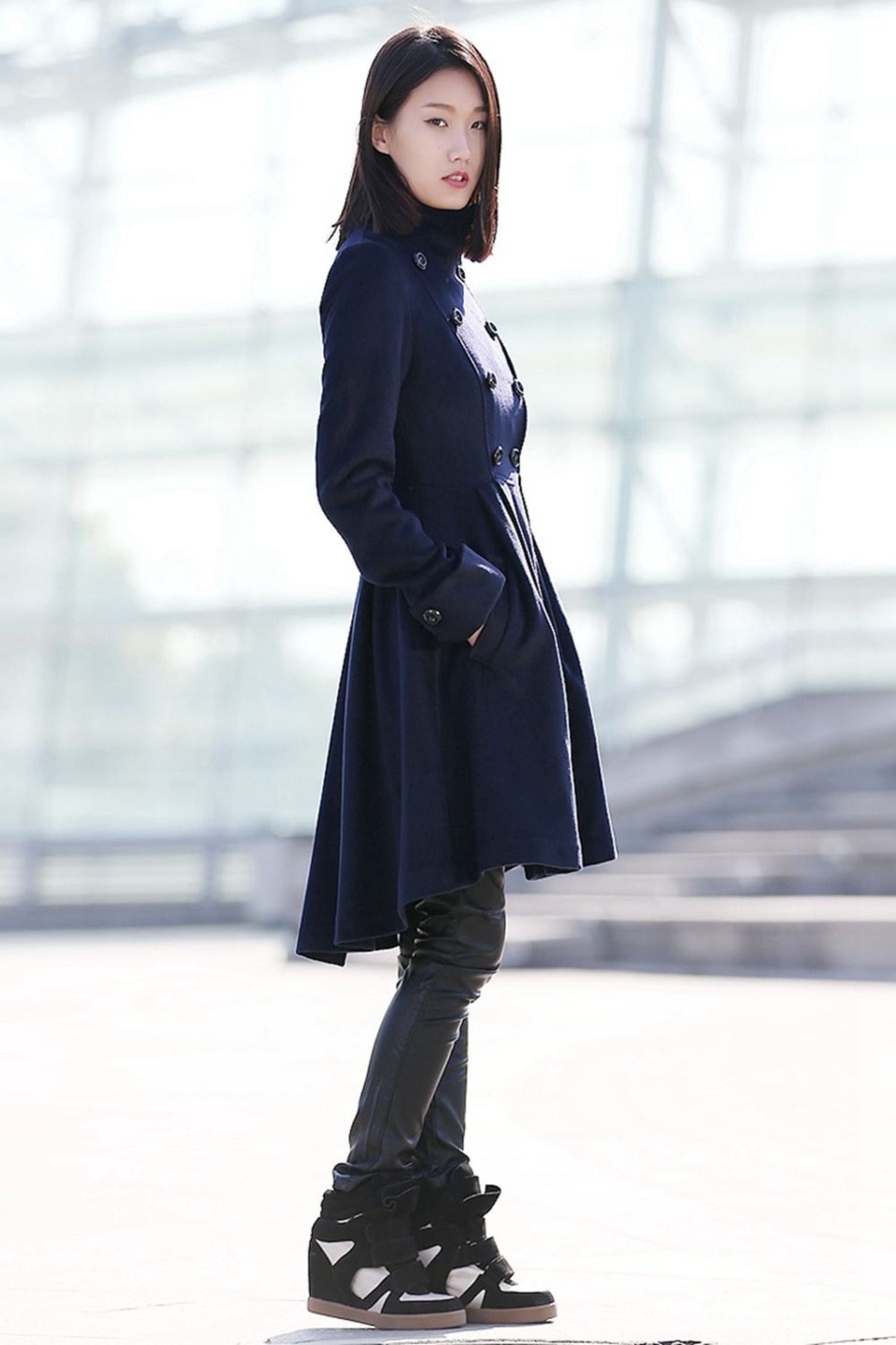 Navy blue winter midi warm winter coat C164