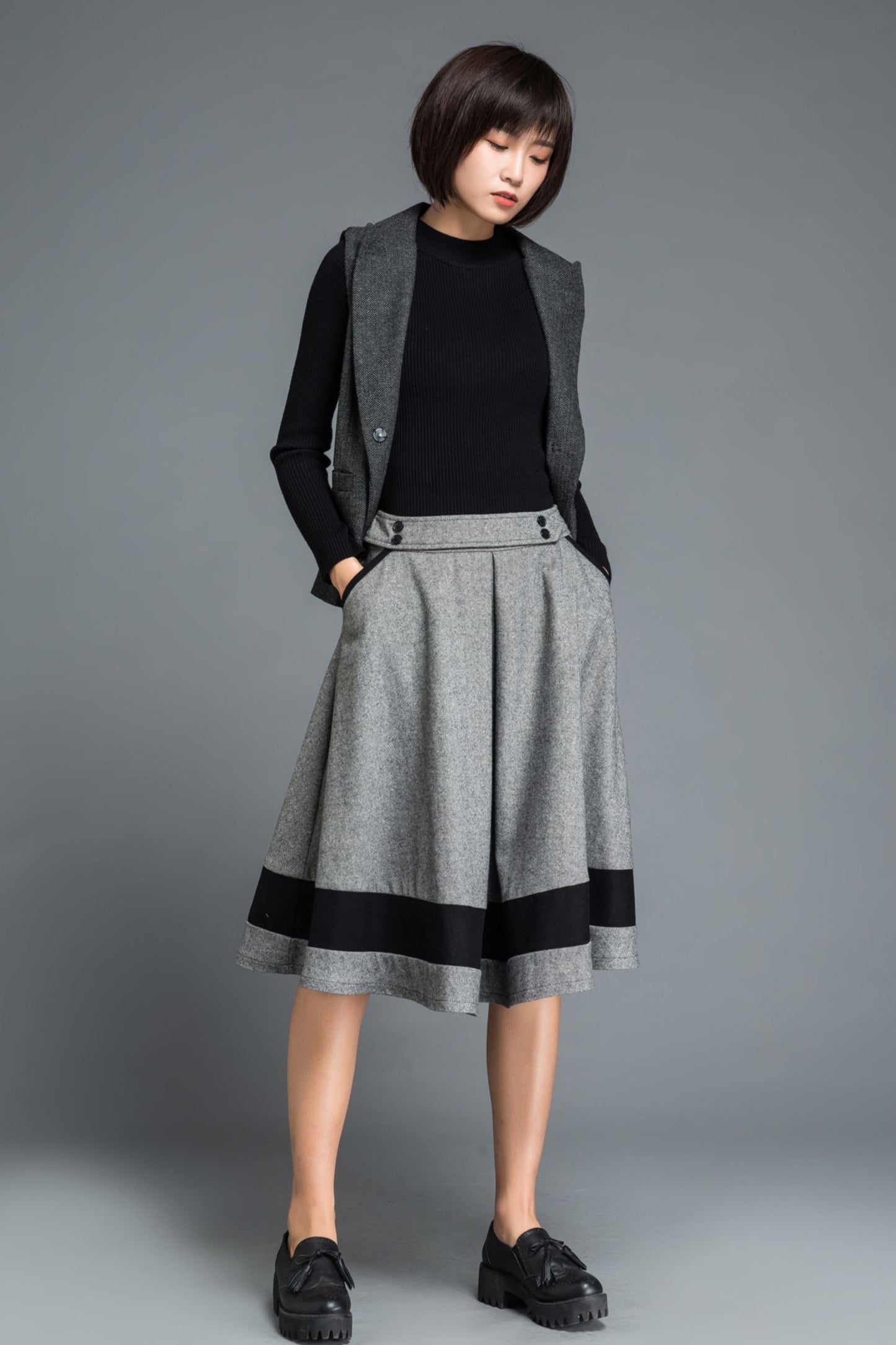 Knee length block color winter wool skirt C1214