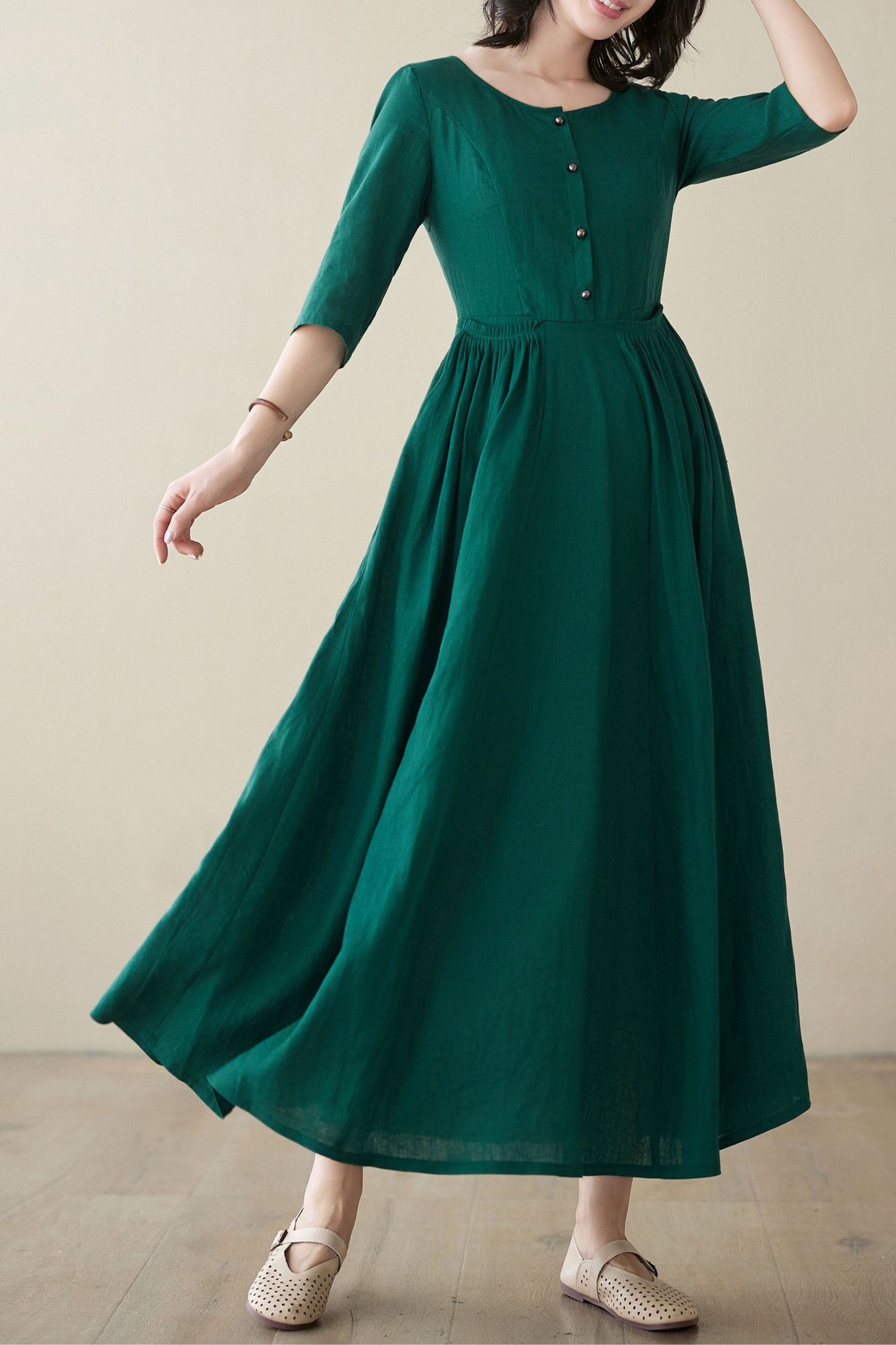 Summer Green Linen Dress C3947 -Size S #CK2400222