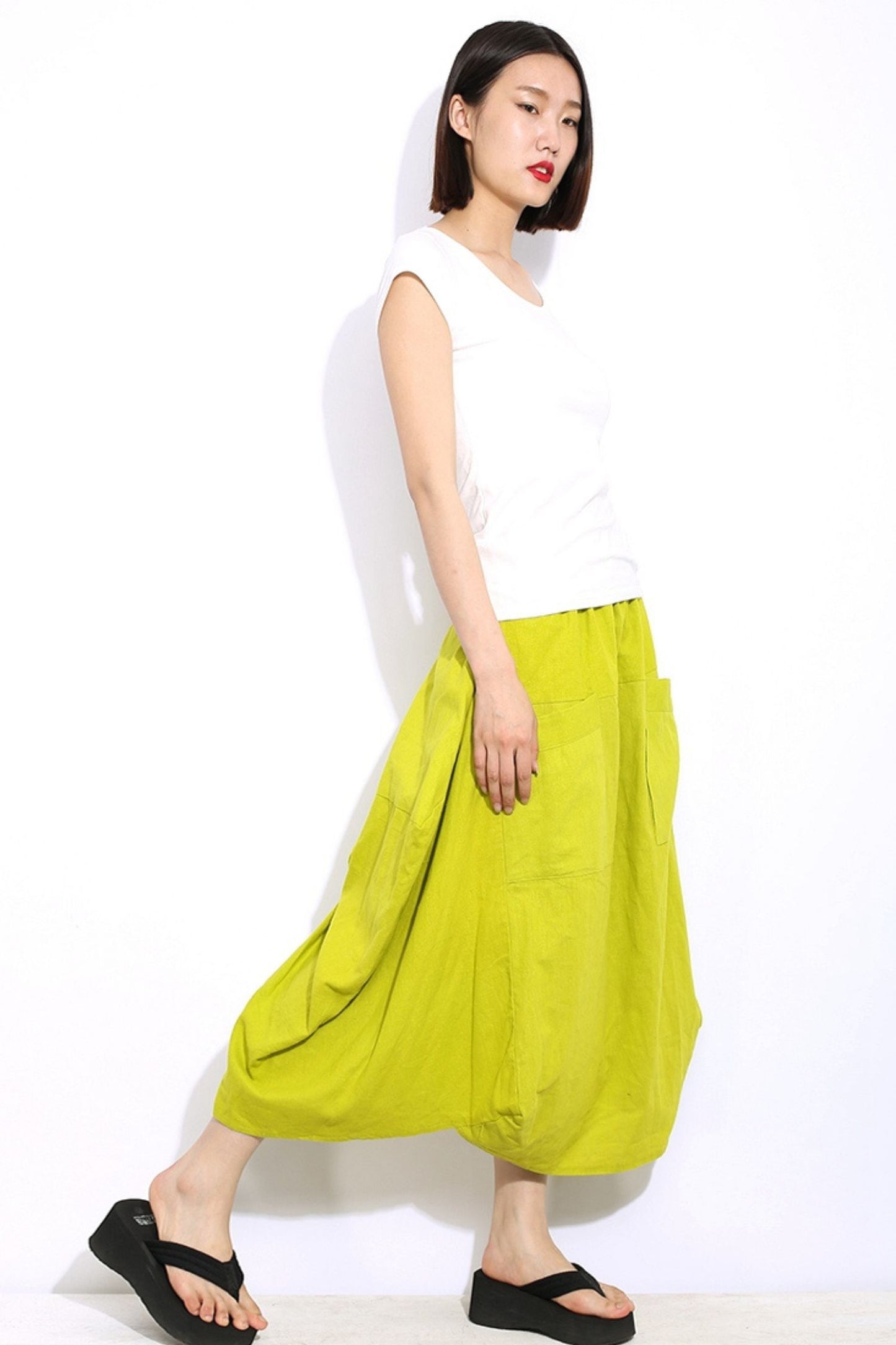 yellow midi linen asymmetrical skirt C338