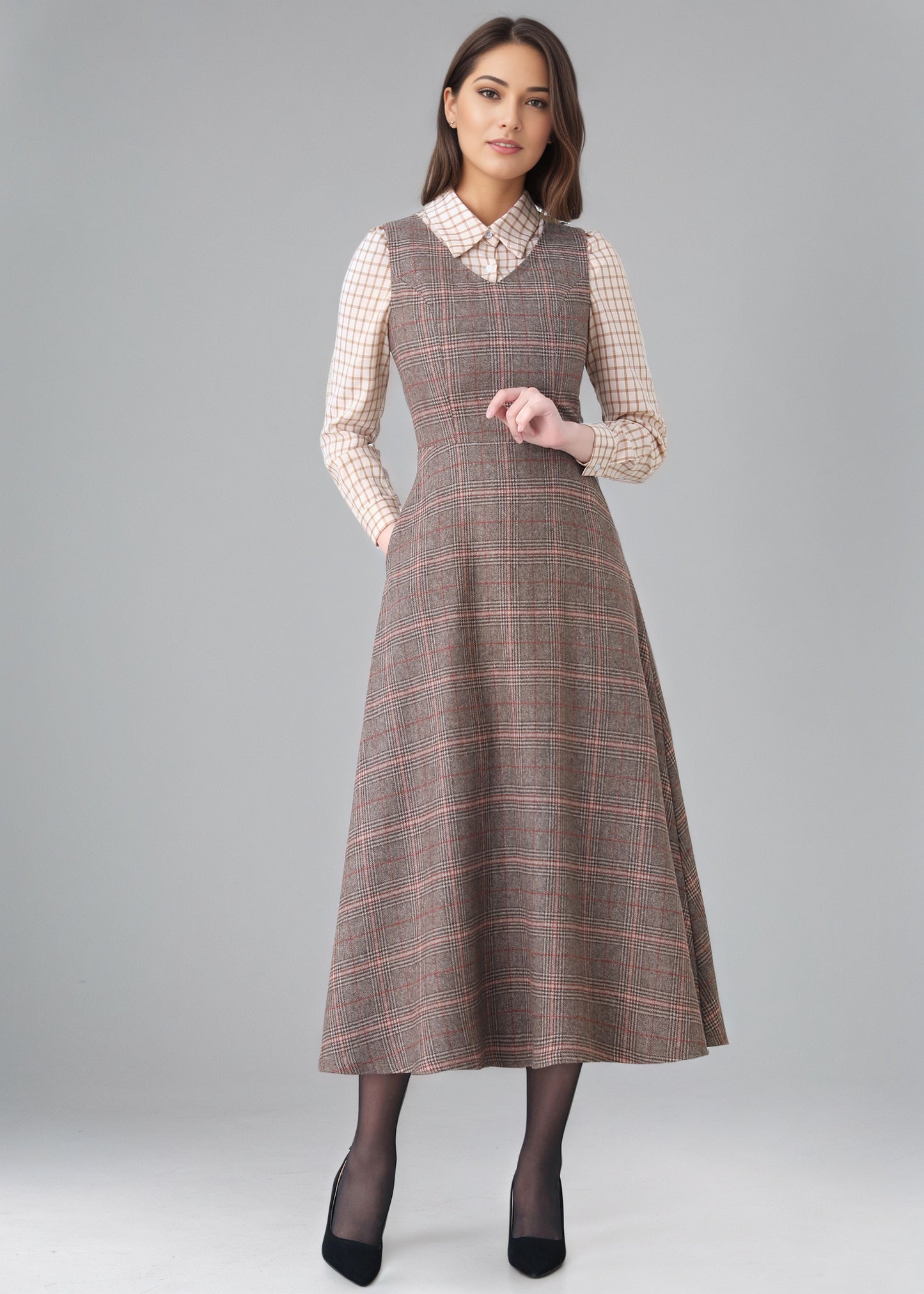 Winter Sleeveless Plaid Wool dress Women C5150