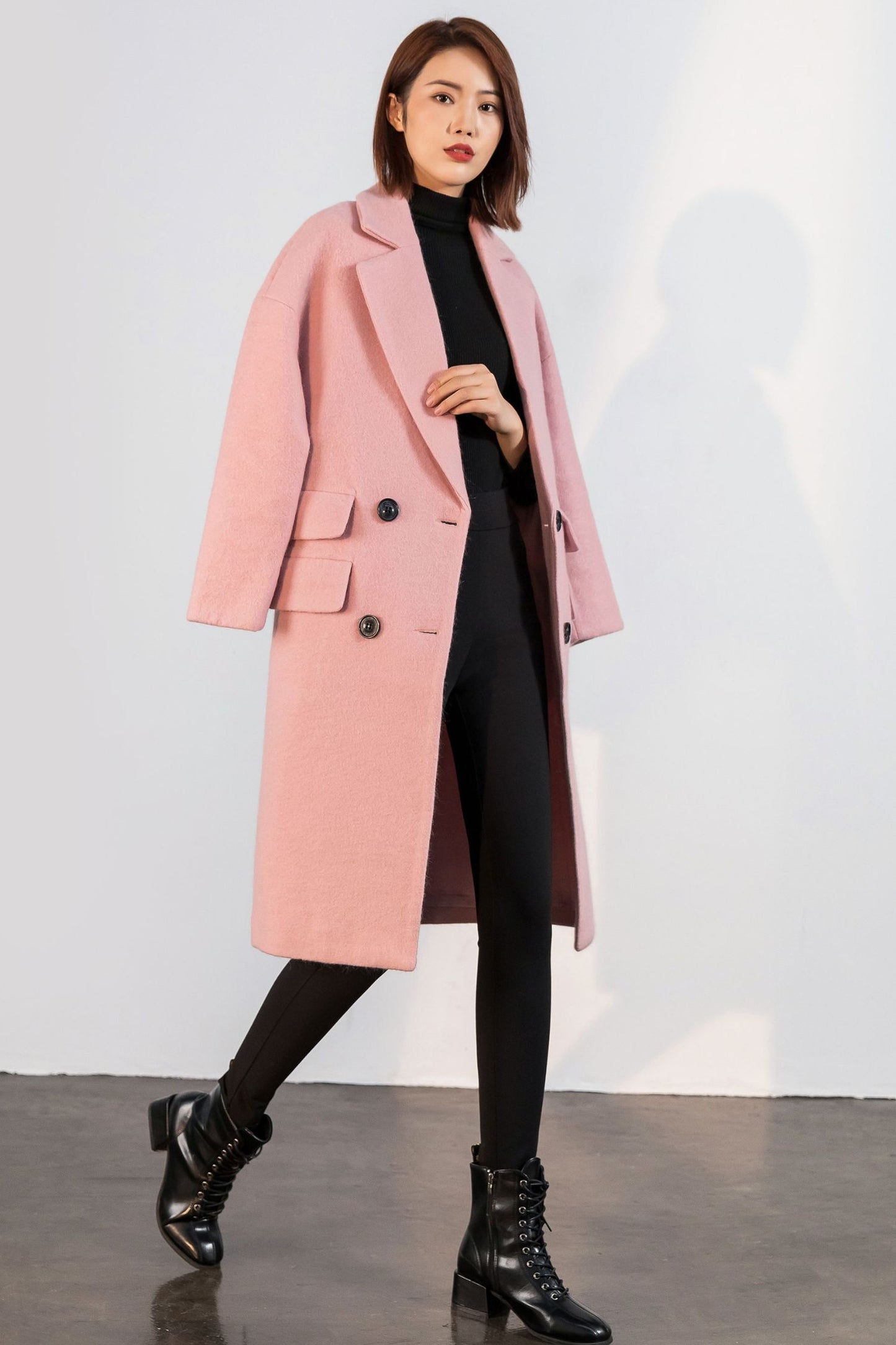 Double breasted pink winter wool coat C1746