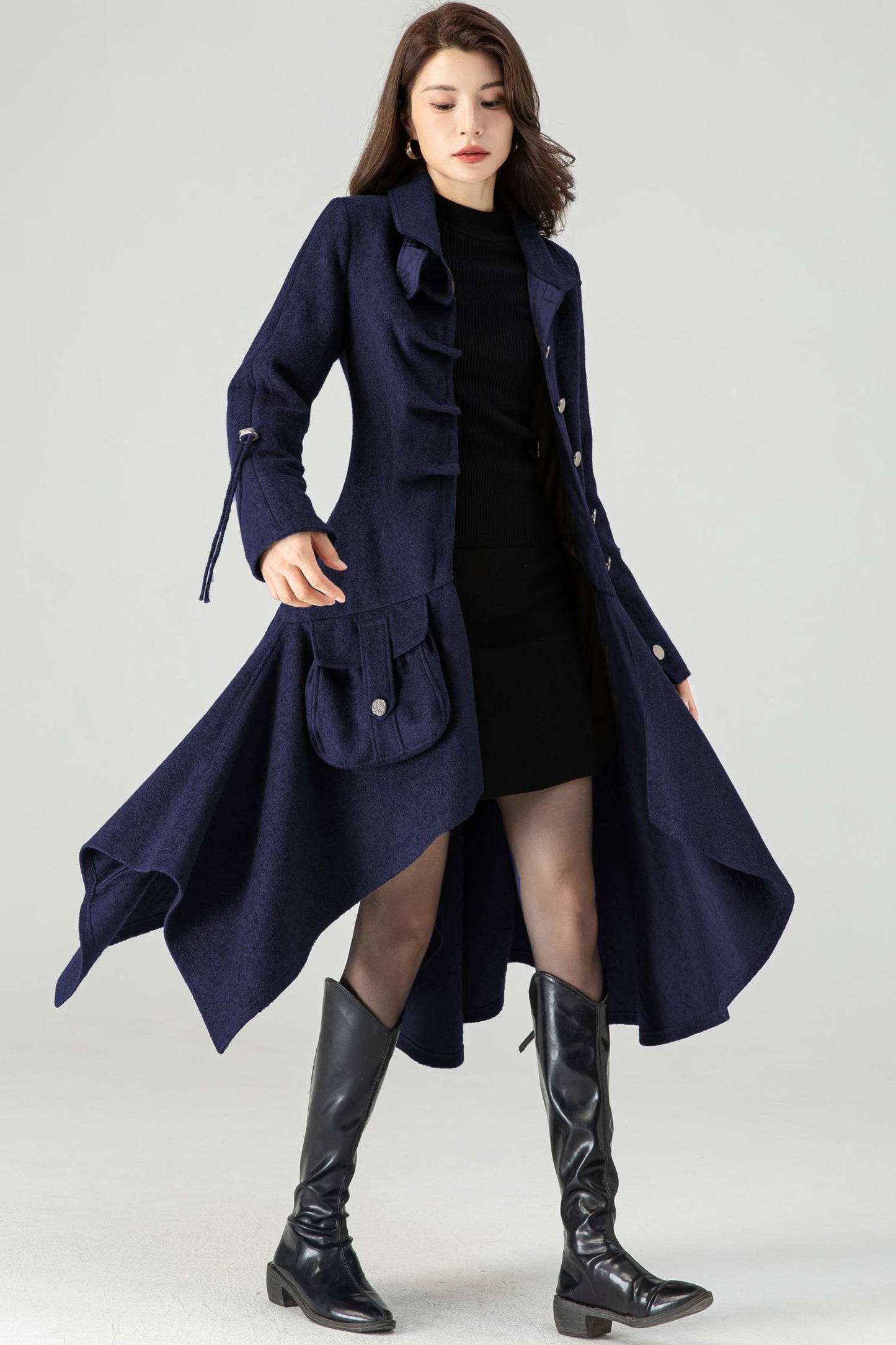 Asymmetrical Single Breasted Navy Blue Wool Coat C4518