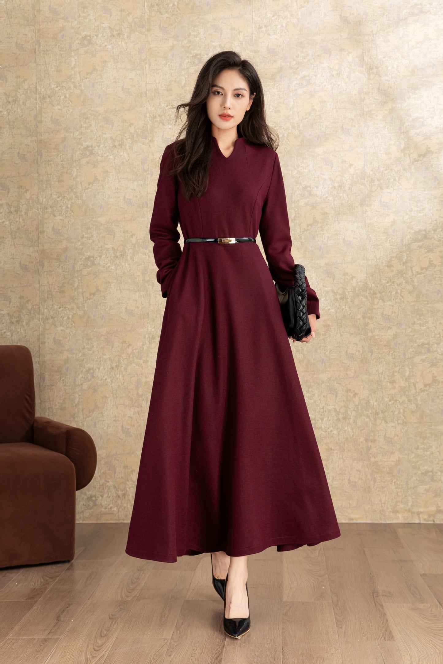 Burgundy winter long wool dress women C4463