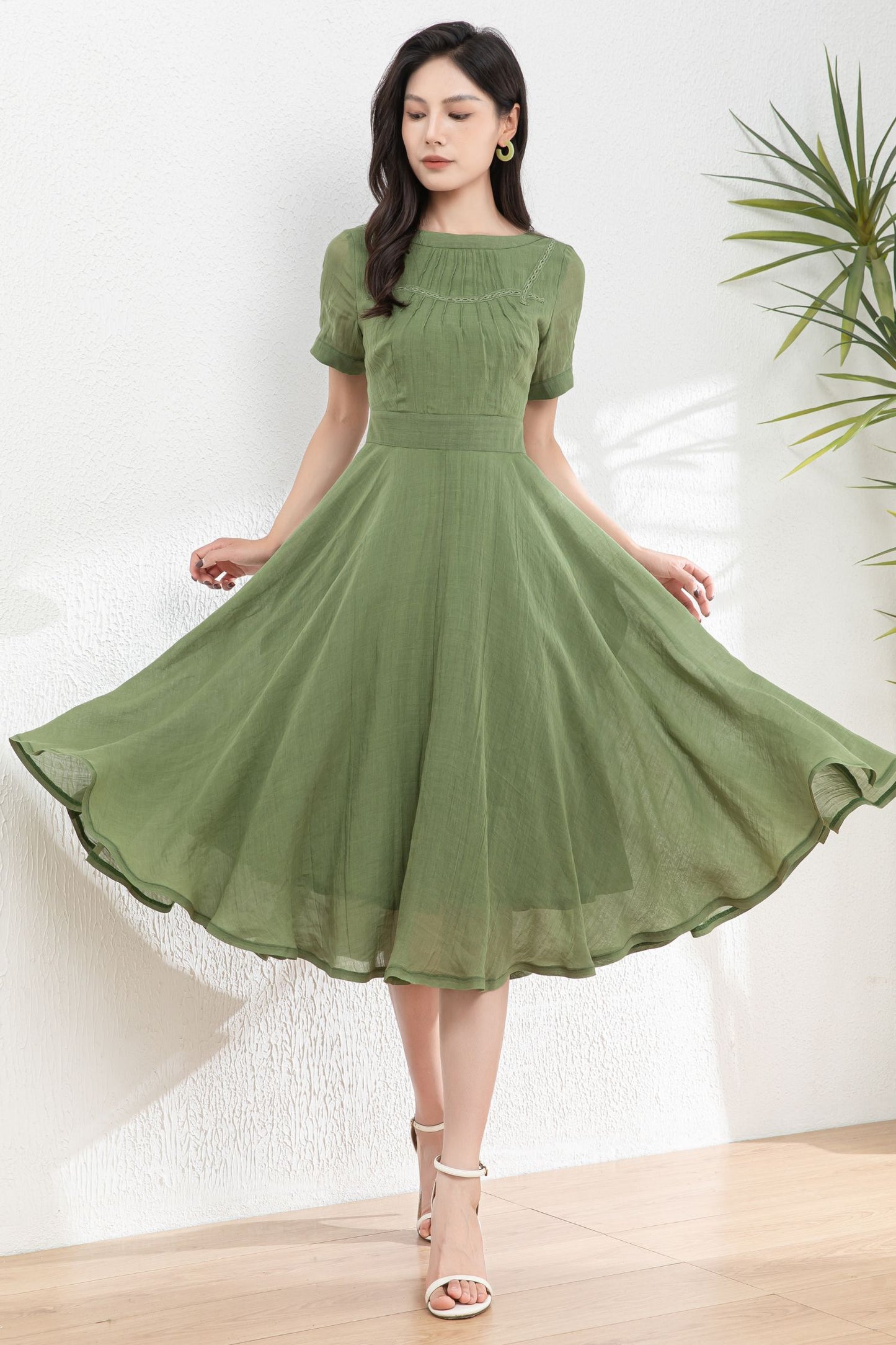 Green Women's swing Linen dress c4982