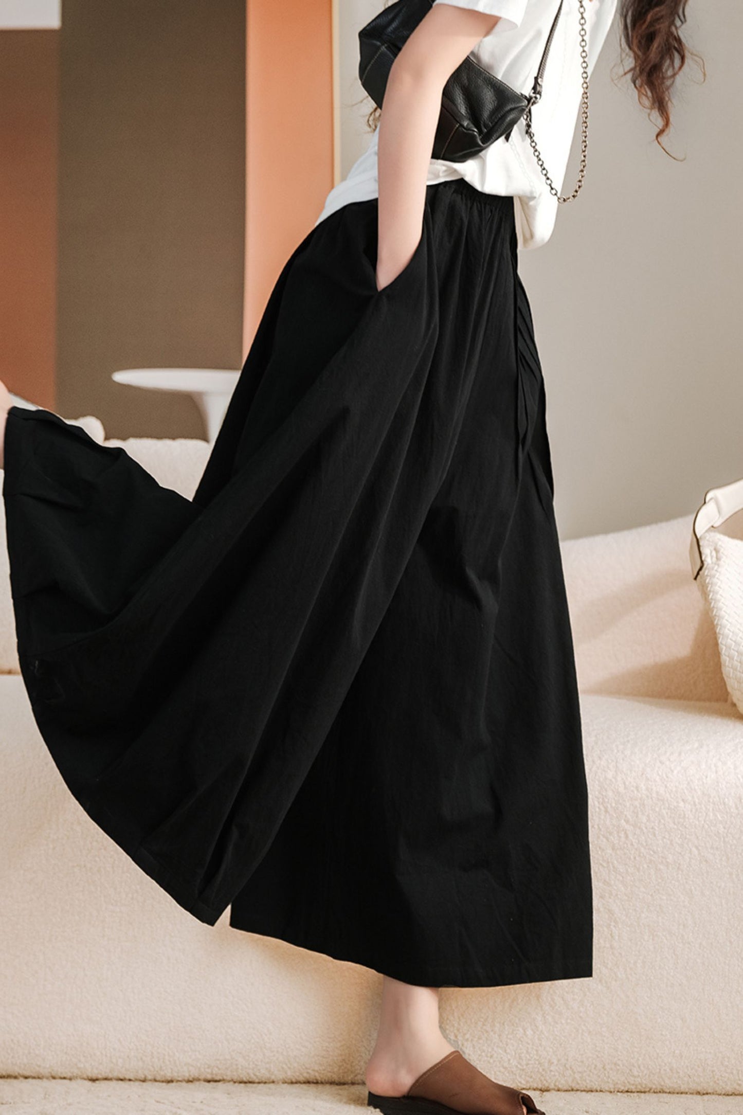 cotton pleat wide leg elastic waist women's pants TT0055