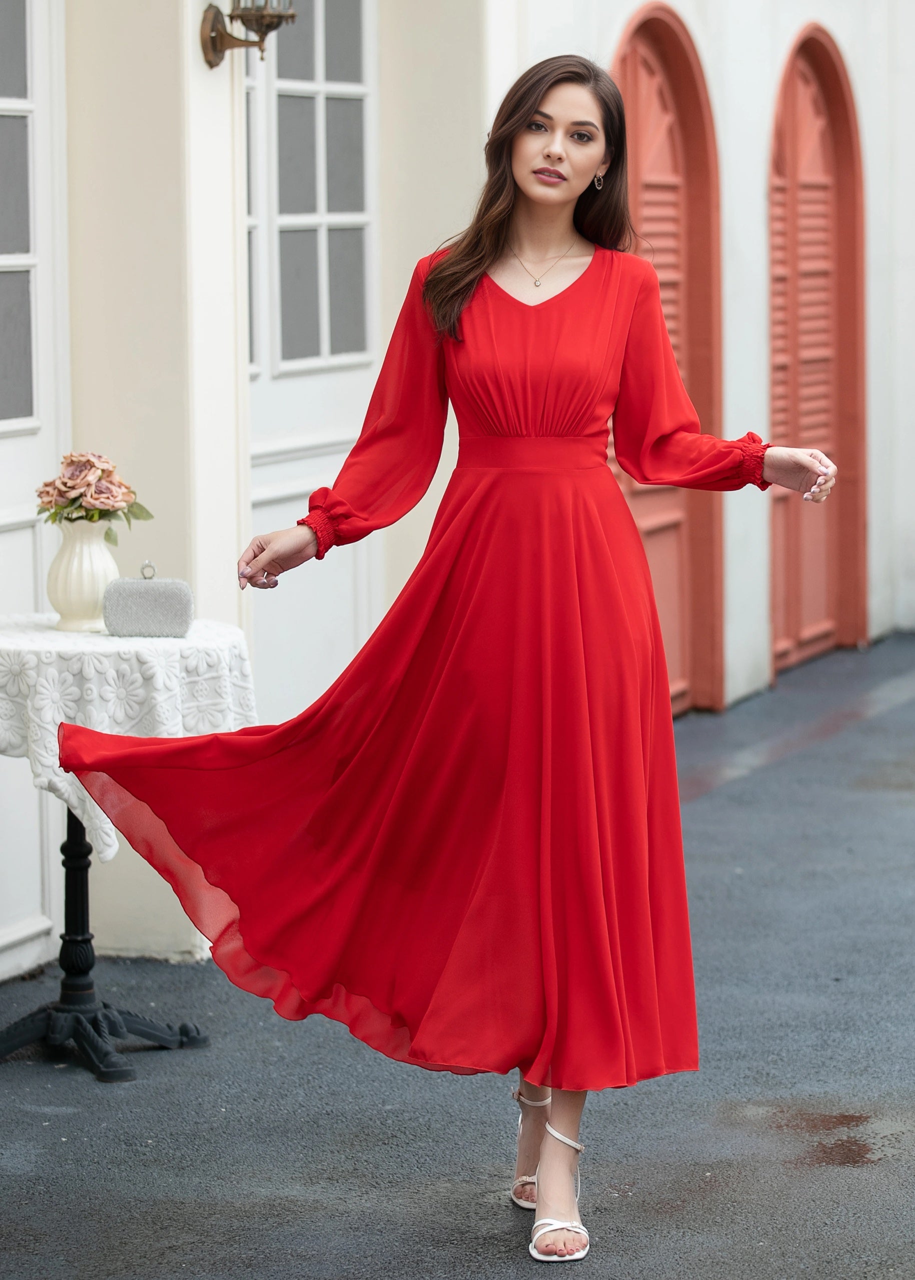 red chiffon maxi dress Fit and Flare with V-Neck and Long Sleeves Red / XL NA-06.29.26AM 100 Percent Pure Silk Adjustable spaghetti straps frame Size:Chapel (120