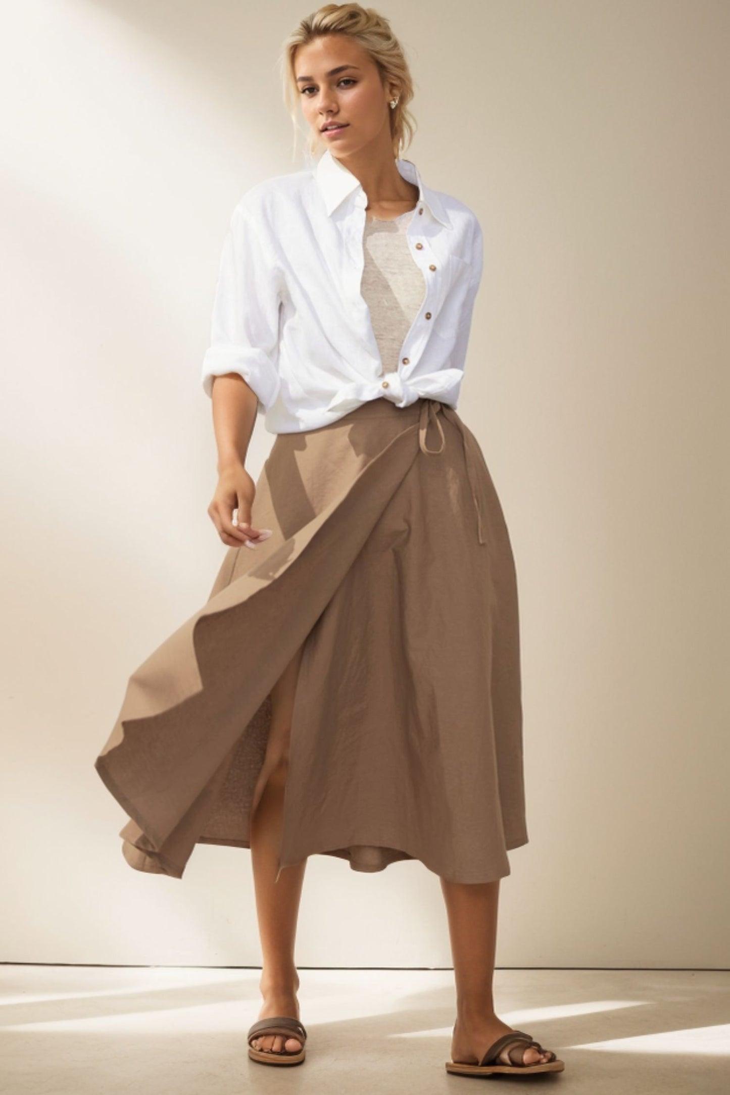 A-Line Light Brown Wrap Linen Skirt C4131
