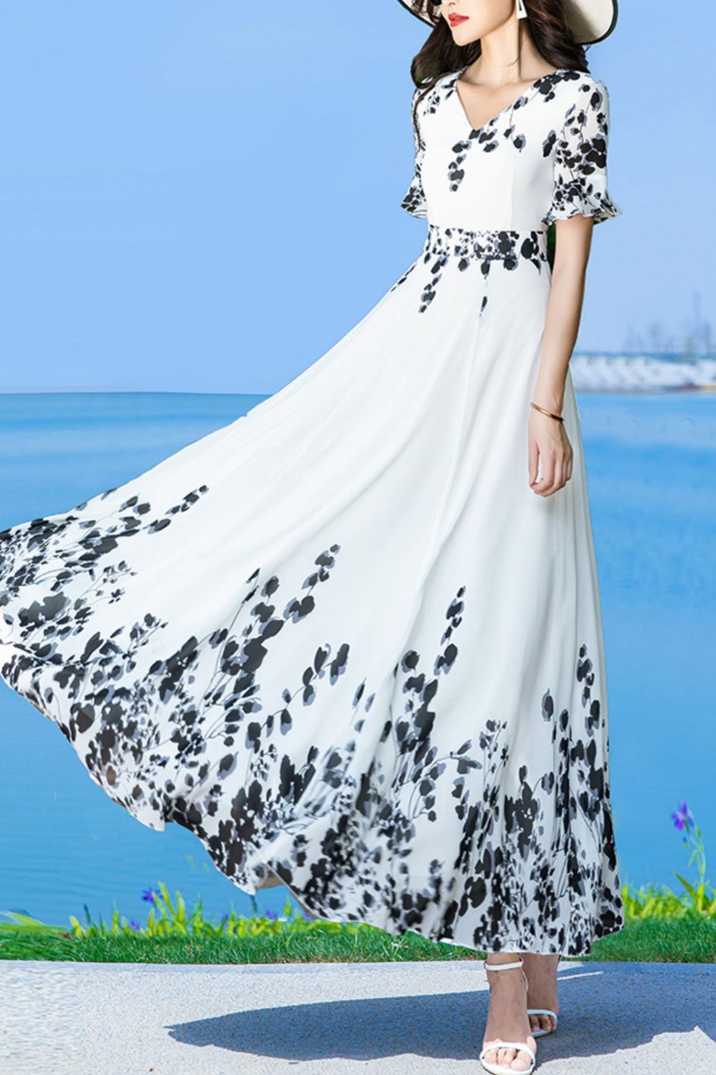 White women chiffon floral V-neck dress C3994