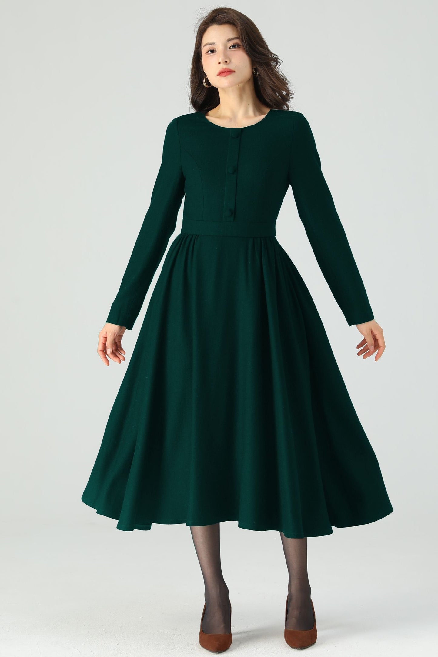 Dark Green Midi Wool Dress C4528