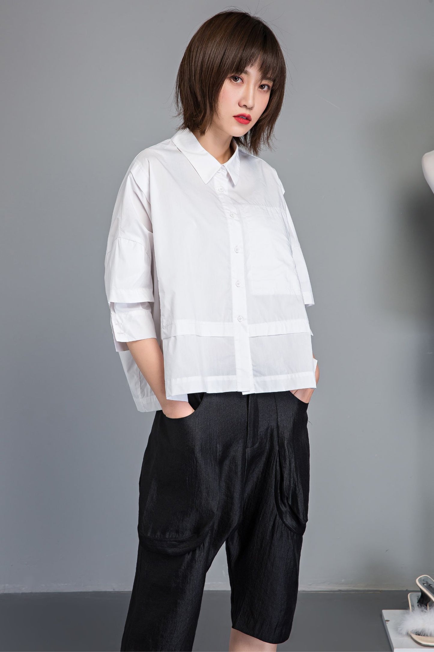 White cotton summer short sleeve shirt C1232