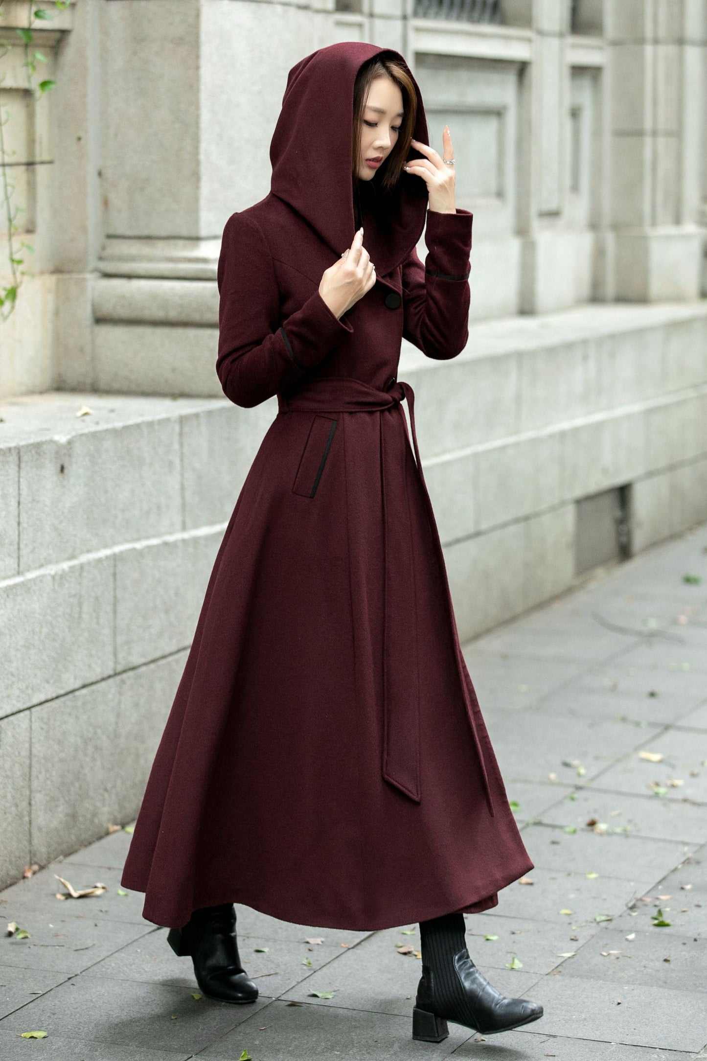 Hooded maxi winter trench wool coat C4506
