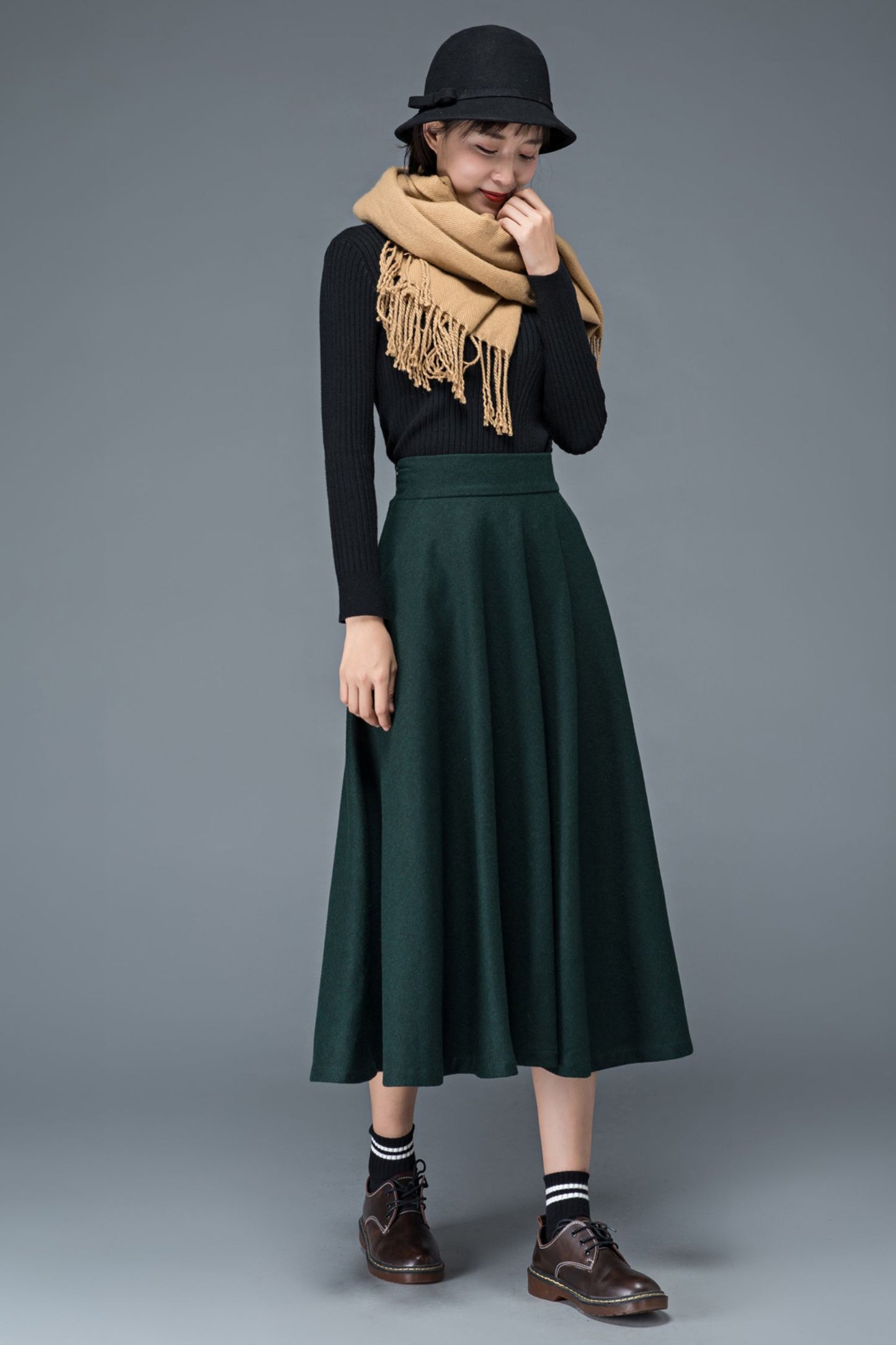 Green winter long wool skirt for women C1197