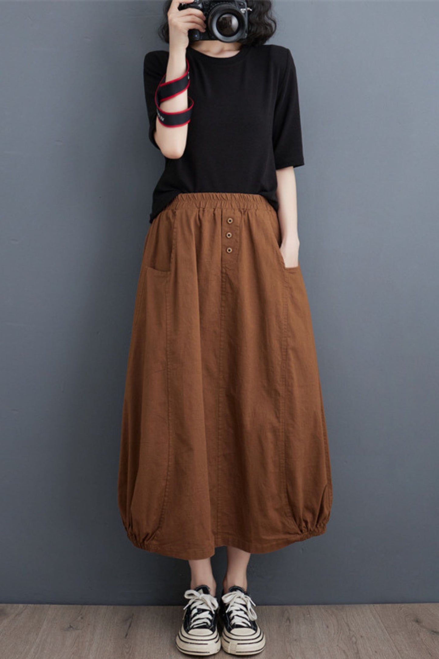 Cotton Linen Women Casual Elastic Waist A-line Skirt TT0020