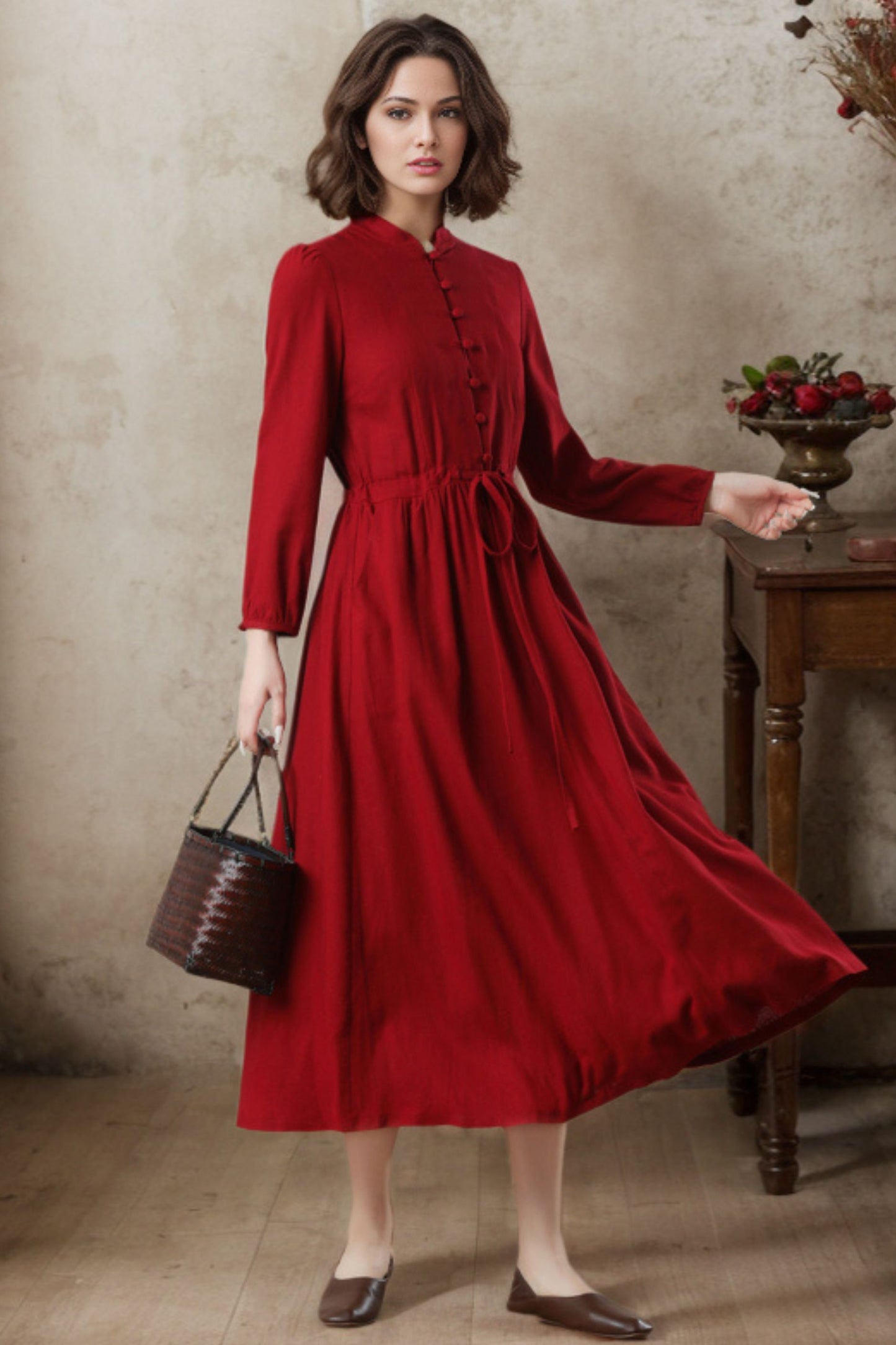 red linen dress with drawstring waist c4775