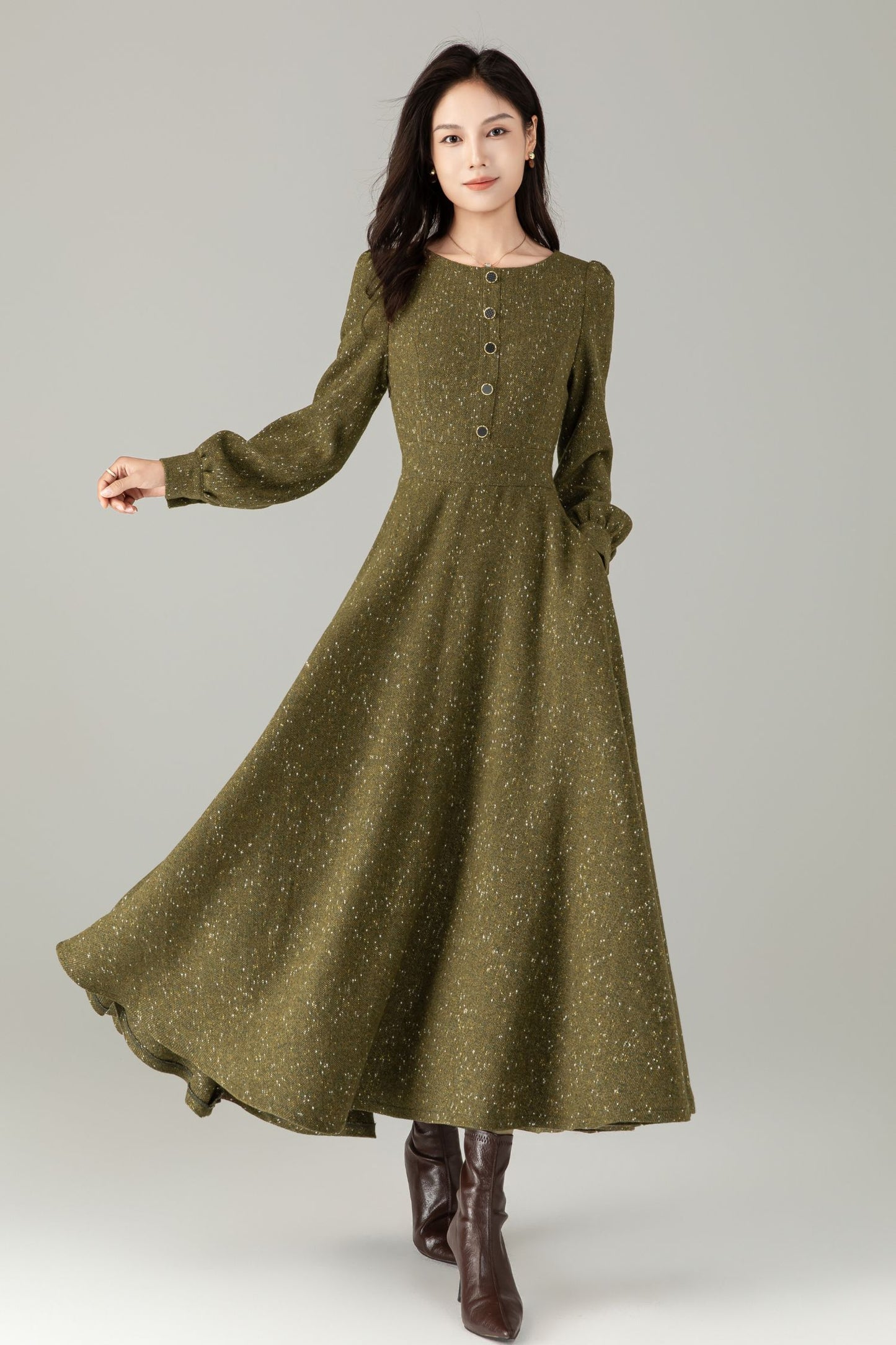 Olive Tweed Wool Maxi Dress — Vintage Button‑Front A‑Line with Pockets C5243