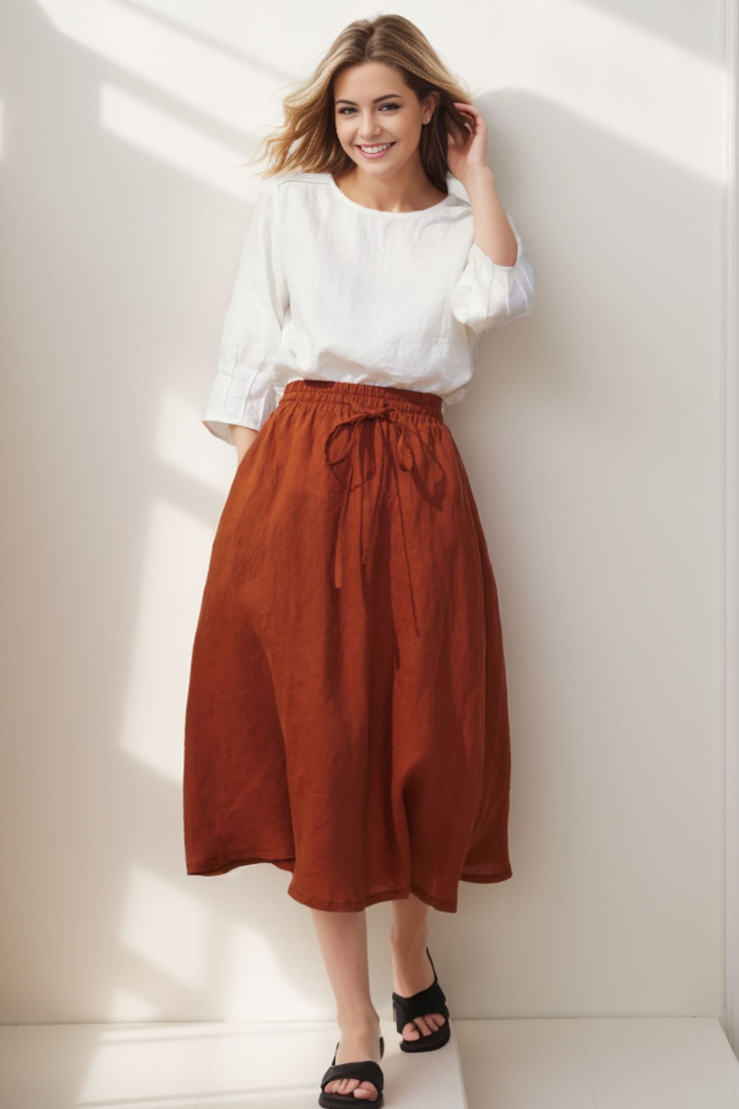 Elegant Orange Elastic Waist Skirt C4135