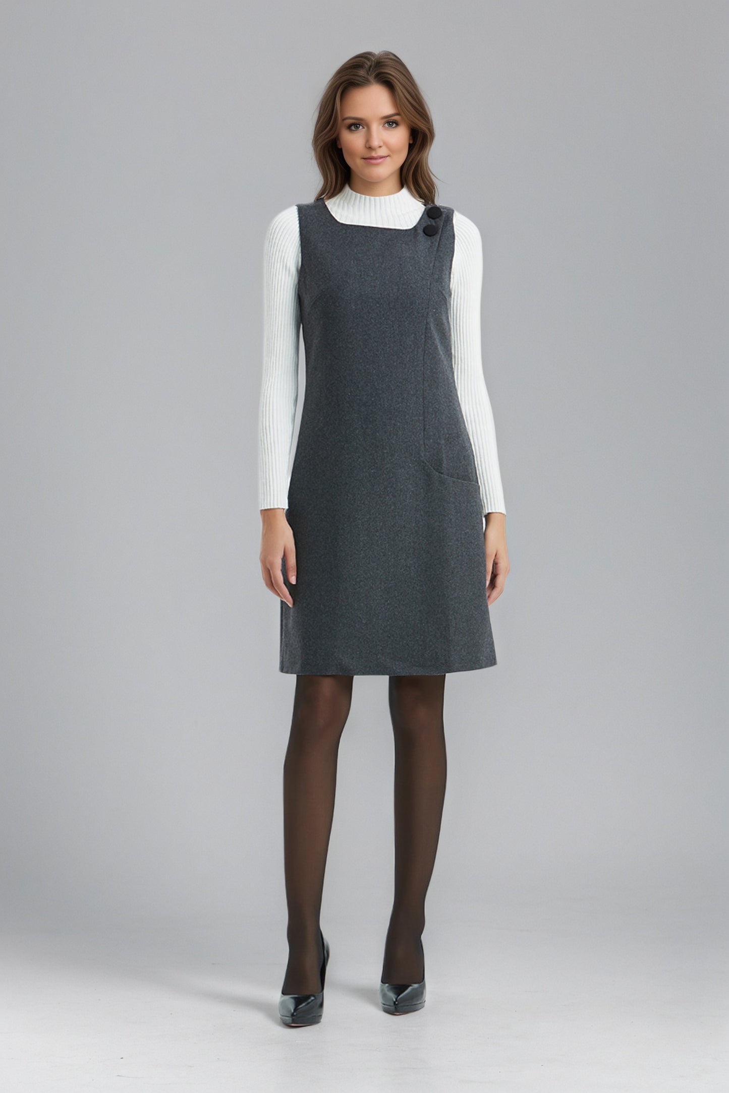 Sleeveless Apron Wool Dress,Women Knee-lengh Dress C5142