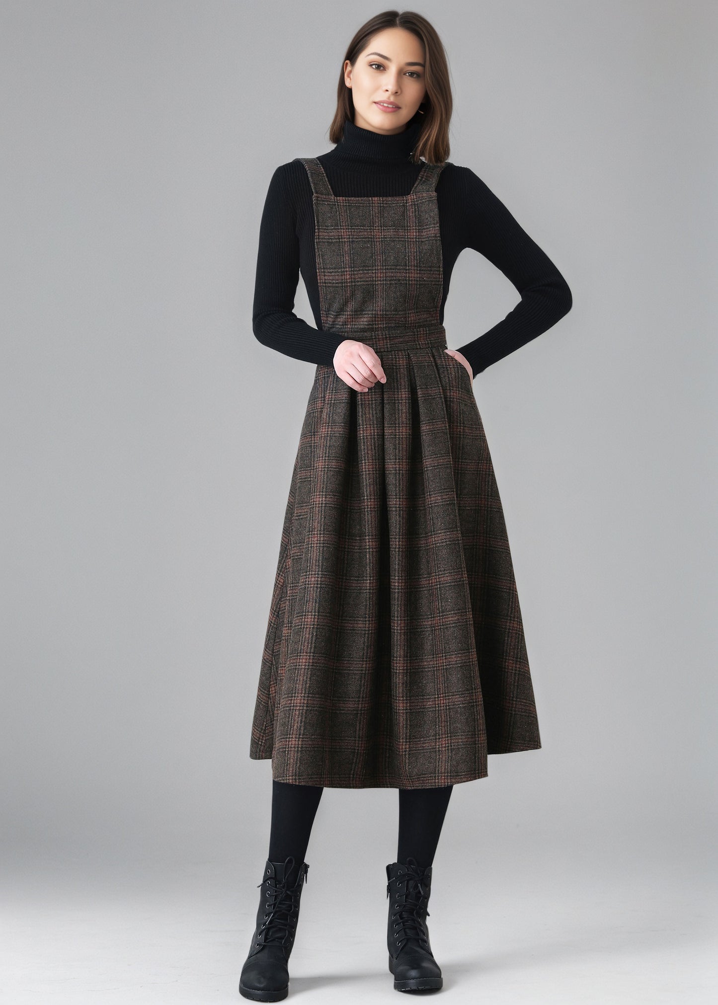 Plaid Wool Pinafore Pleated Dress,Winter Wool dress women C5151