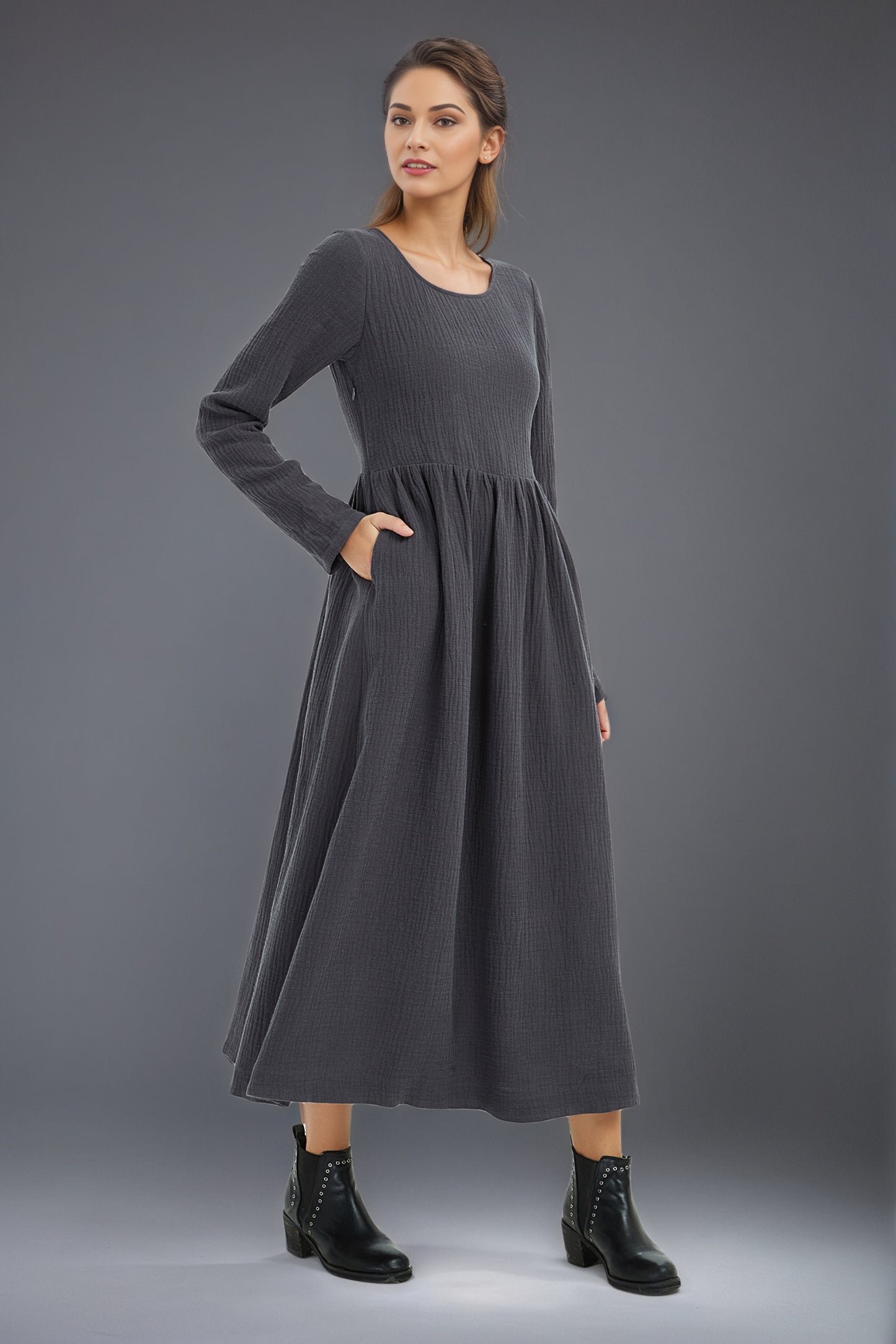 long women winter linen pockets dress C5133