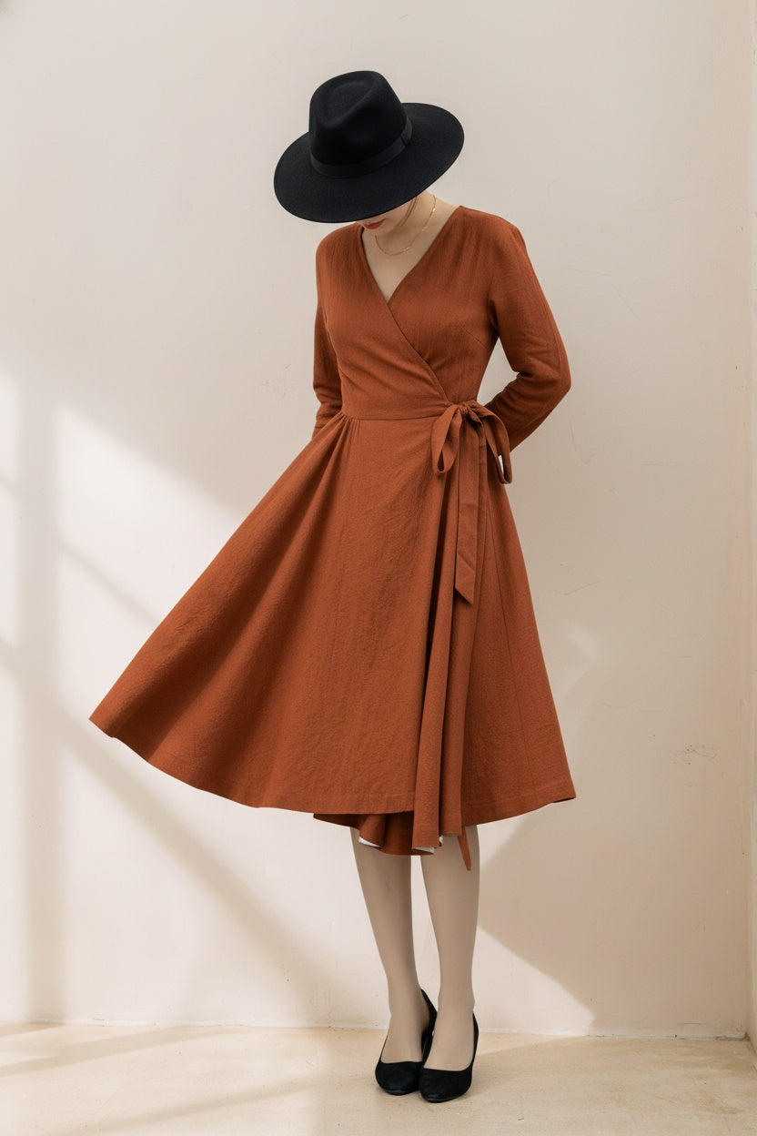 V-Neck Swing Midi linen dress with Waist Tie C5359