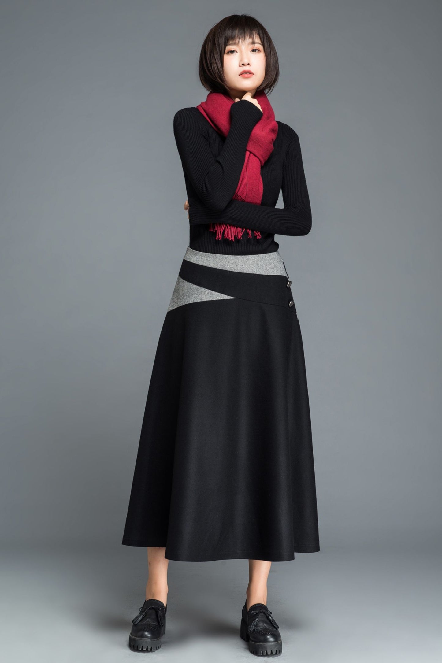 A line black midi wool skirt C1215