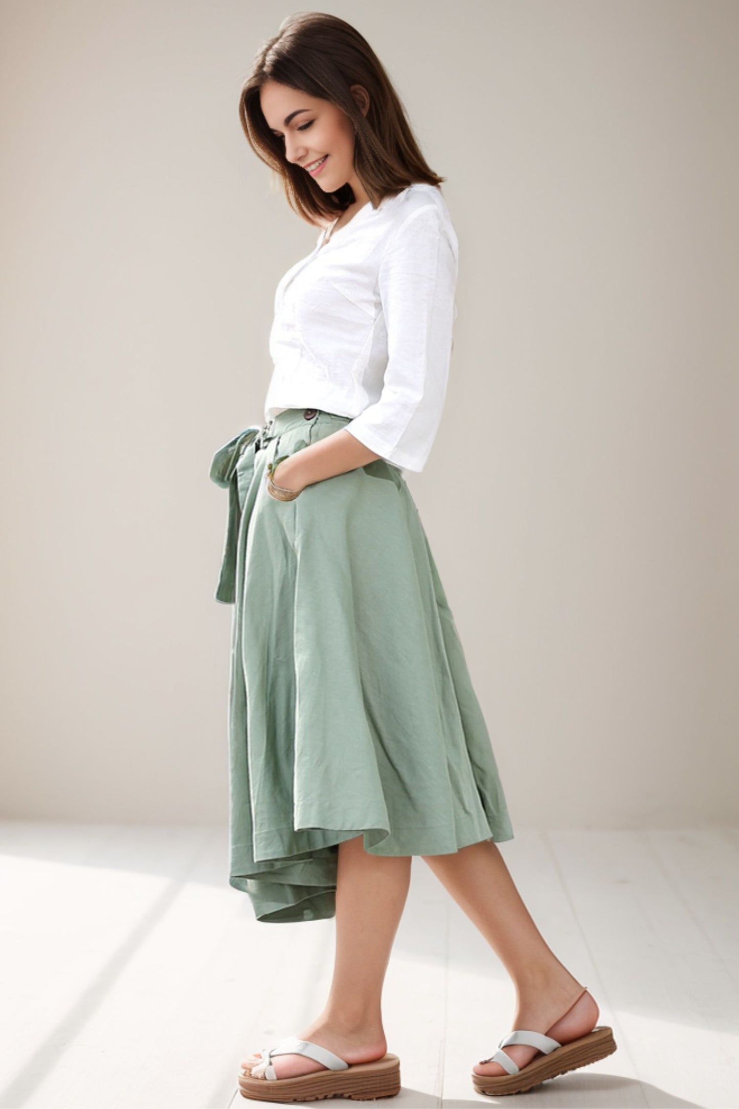 Long Linen Skirt in green C288