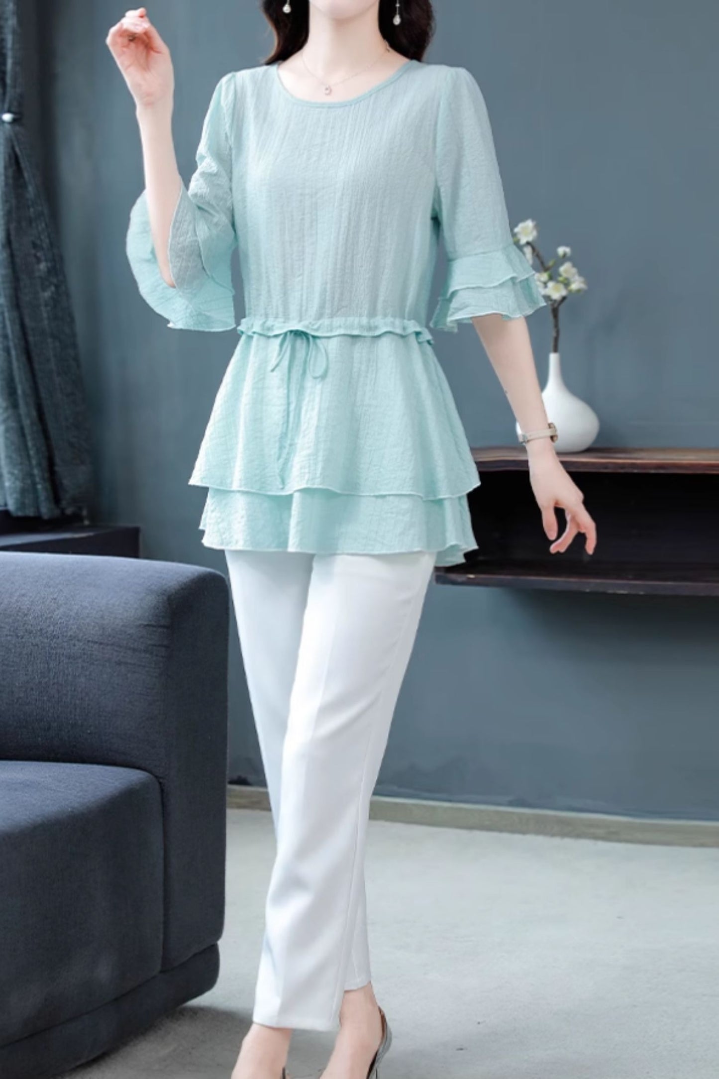 Summer chiffon blouse with drawstring waist C5057