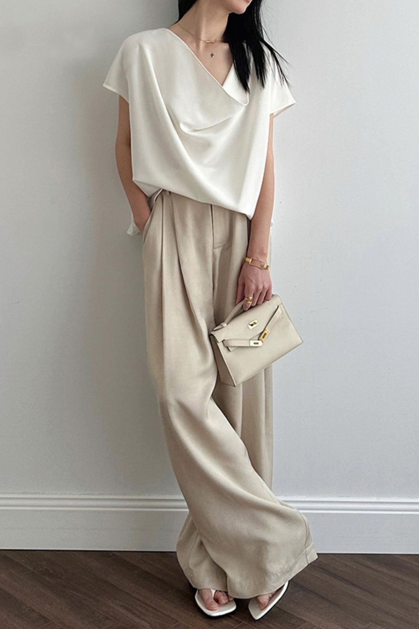 Linen wide leg high waisted pants L0618