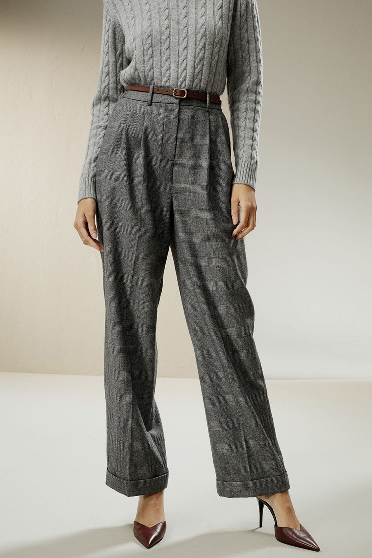 Plaid wide leg winter wool pants women TT0139