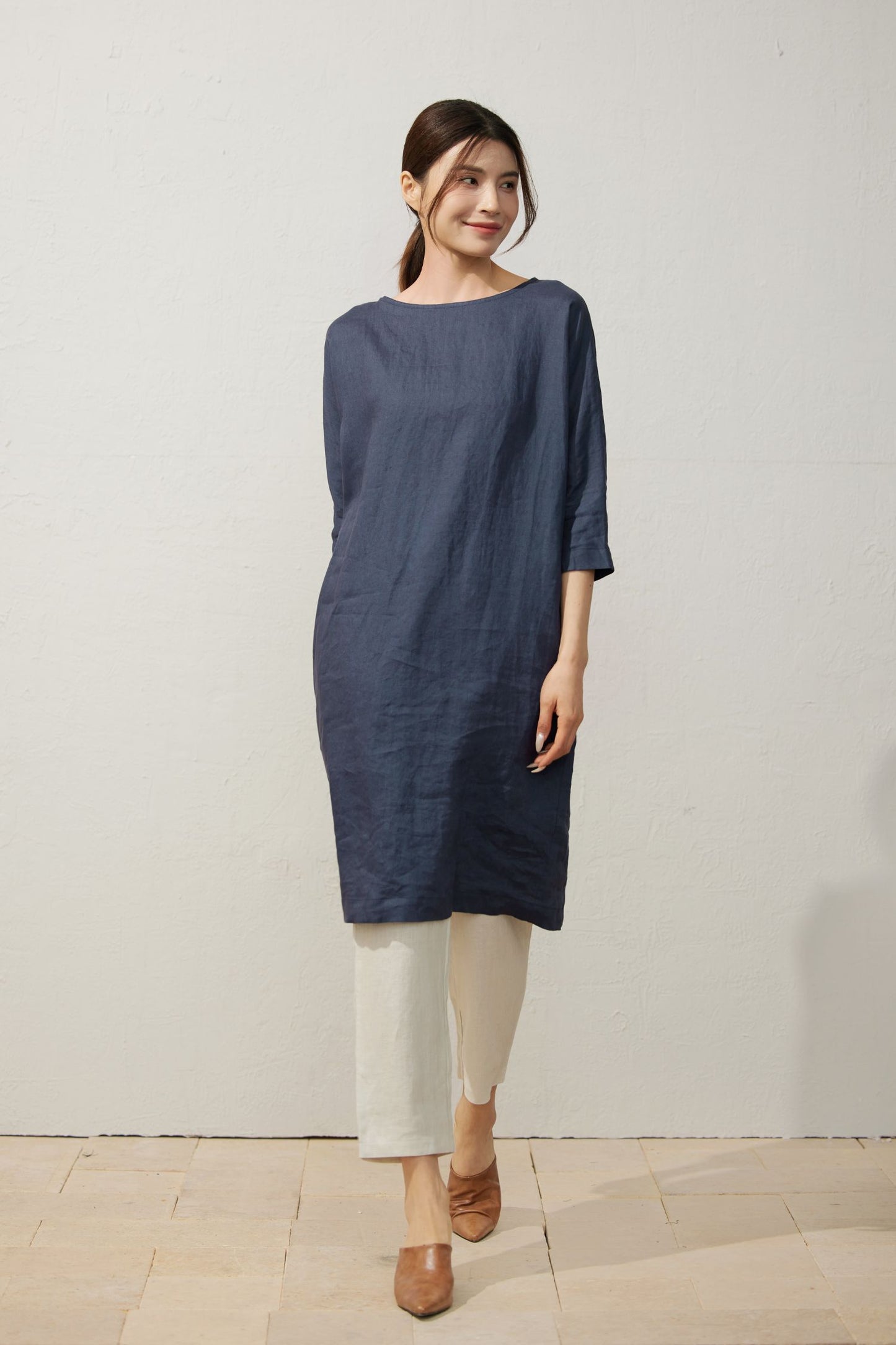 Elegant Navy Blue Linen Dress C3927