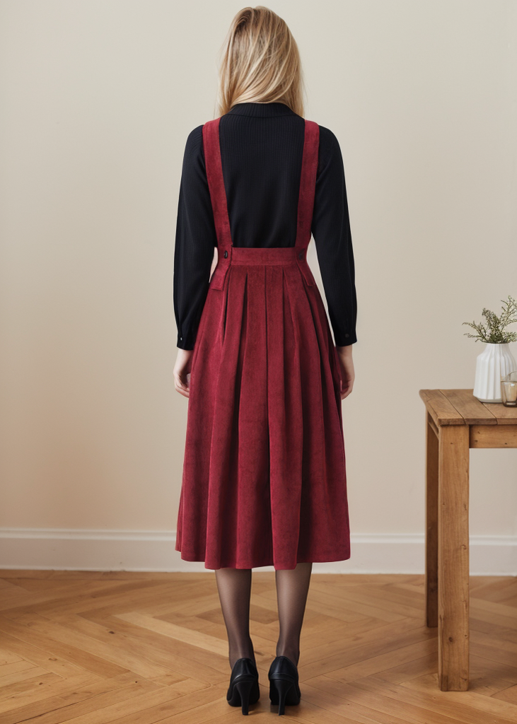 Corduroy Pinafore Midi Pleated Dress C4364